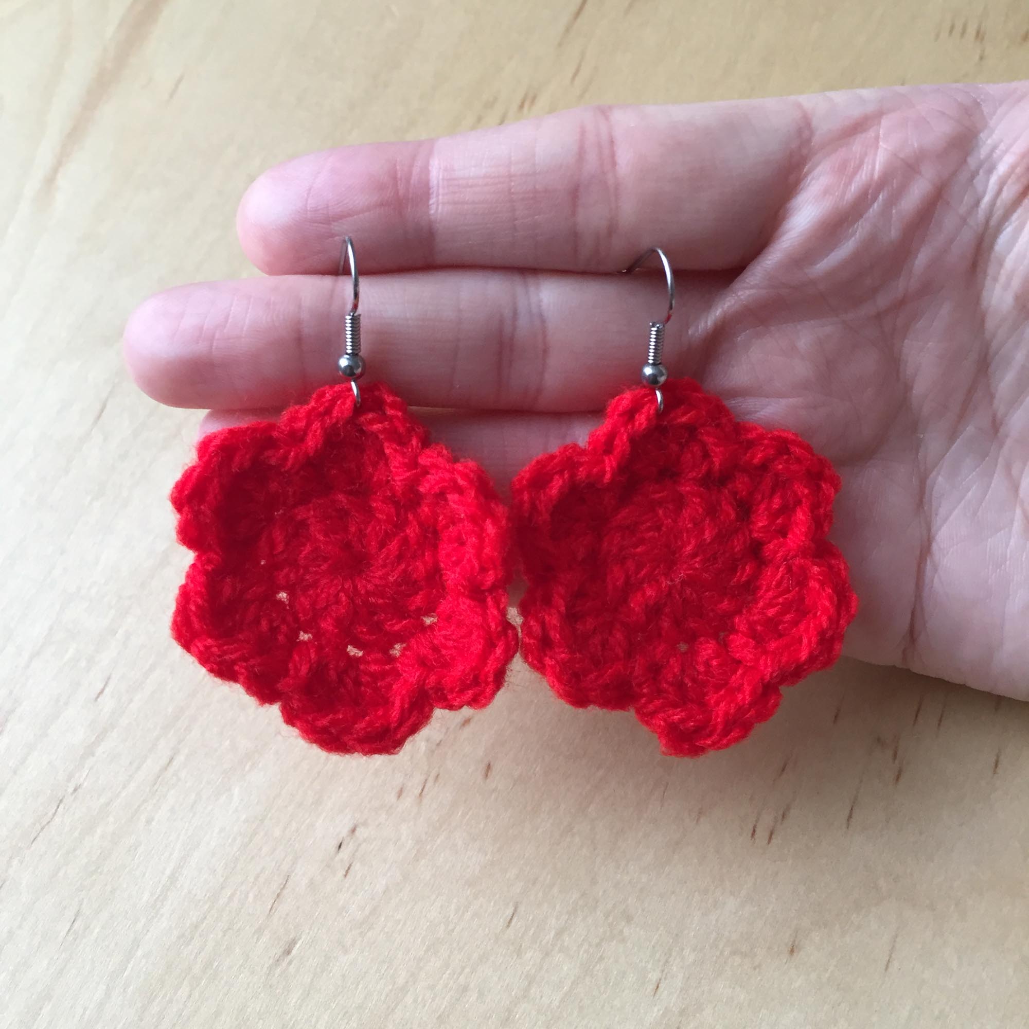 Red Crochet Flower Surgical Steel Hook Earrings