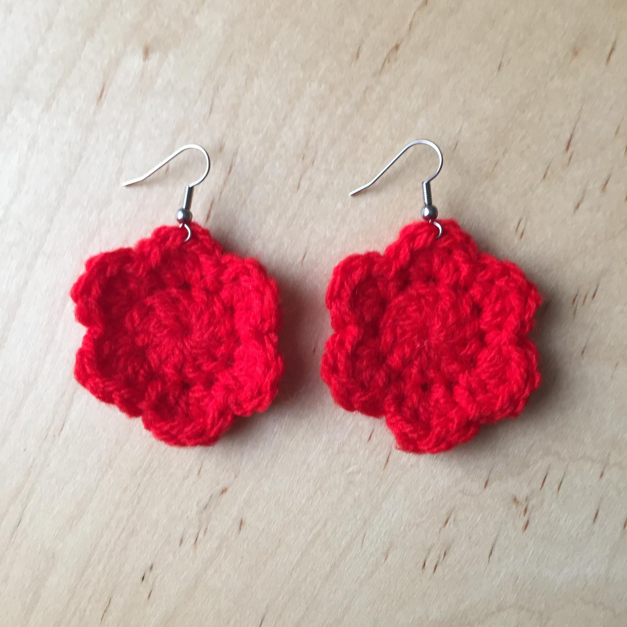 Red Crochet Flower Surgical Steel Hook Earrings