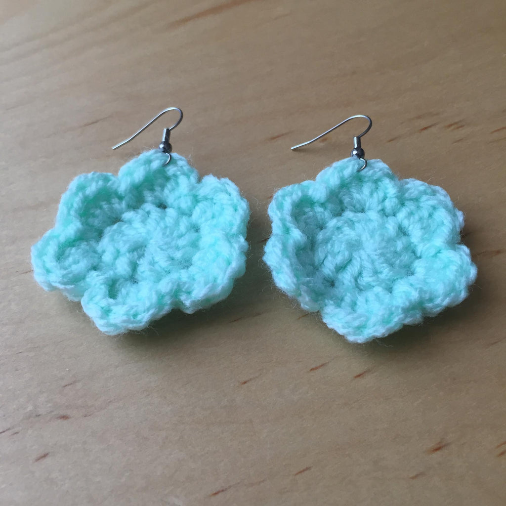 Mint Crochet Flower Surgical Steel Hook Earrings