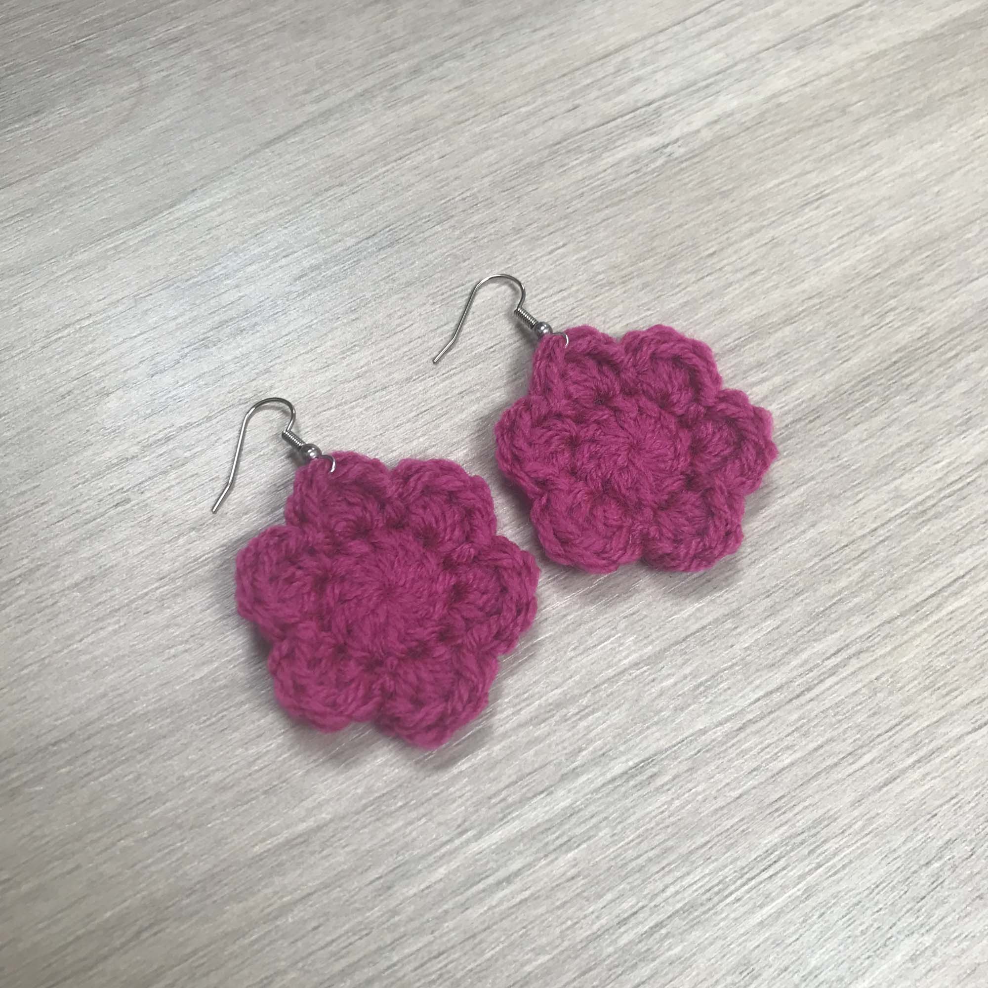 Fuchsia Crochet Flower Surgical Steel Hook Earrings