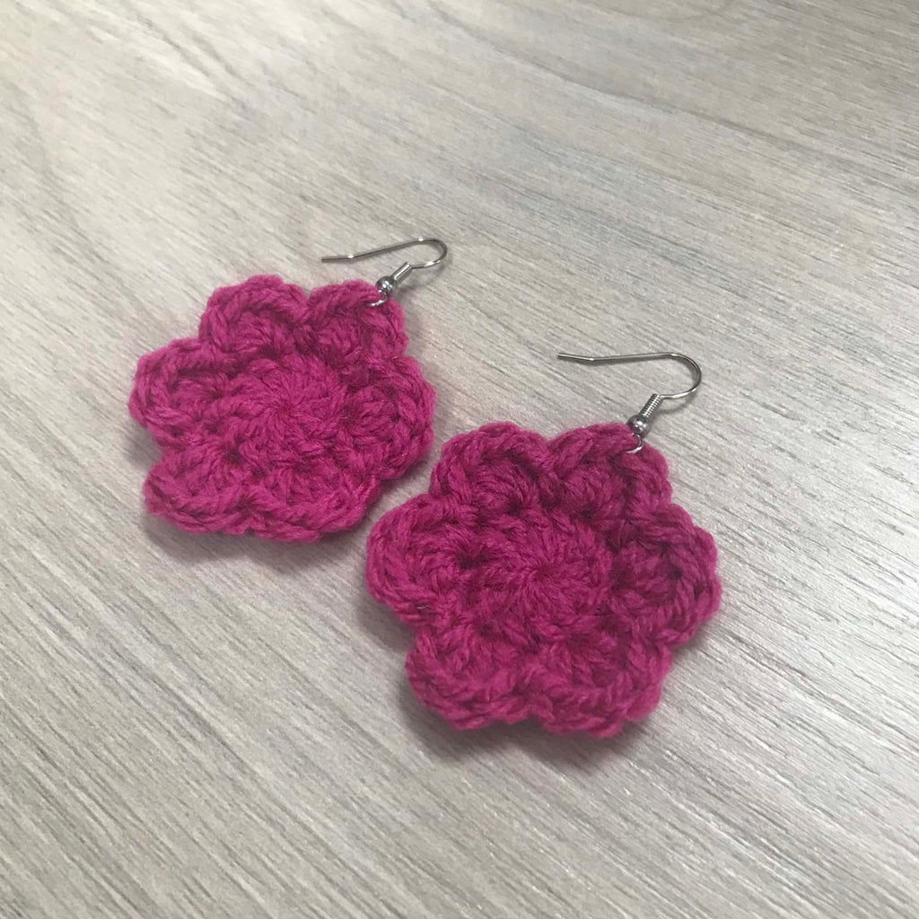 Fuchsia Crochet Flower Surgical Steel Hook Earrings