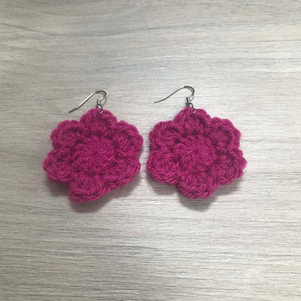 Fuchsia Crochet Flower Surgical Steel Hook Earrings