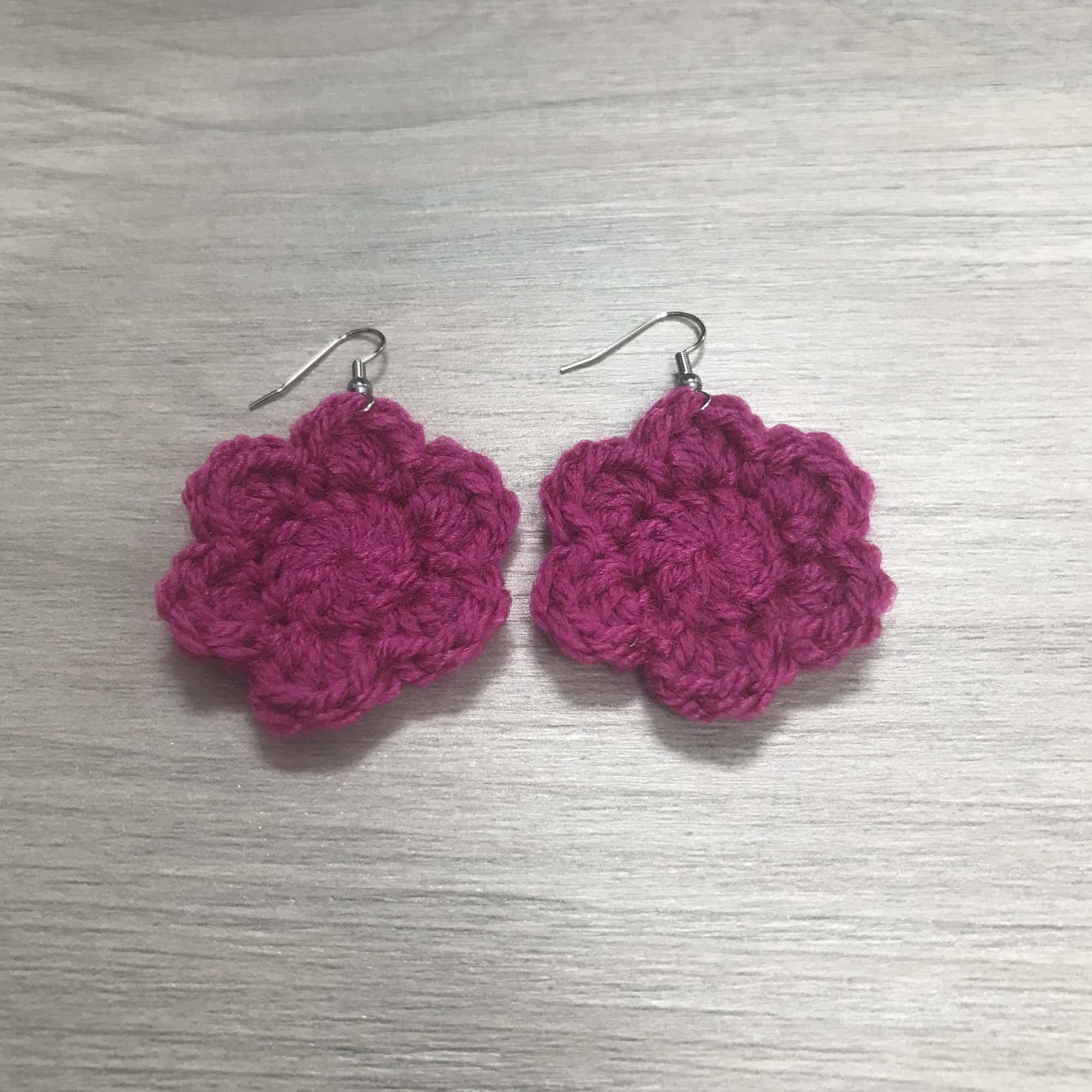 Fuchsia Crochet Flower Surgical Steel Hook Earrings