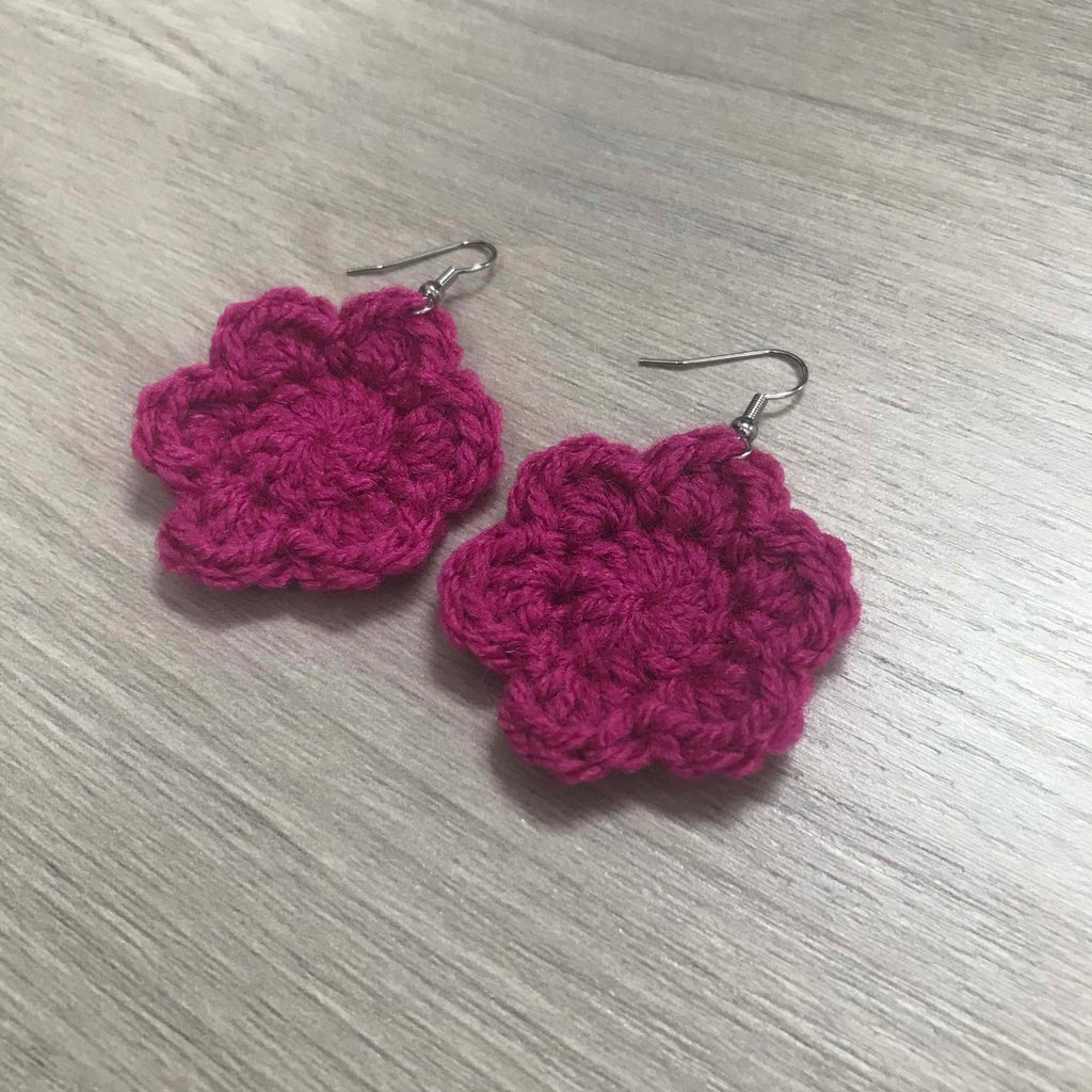 Fuchsia Crochet Flower Surgical Steel Hook Earrings