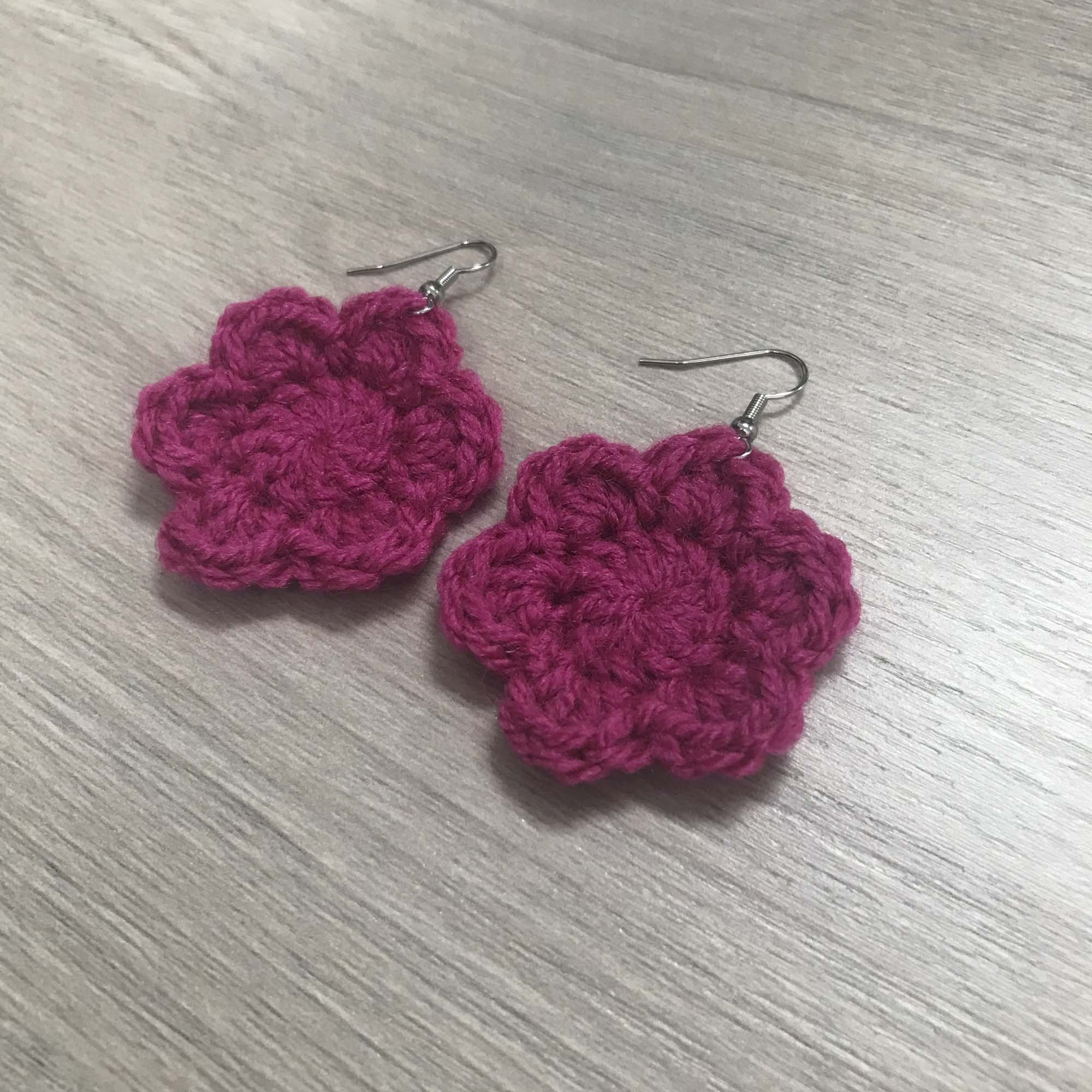Fuchsia Crochet Flower Surgical Steel Hook Earrings