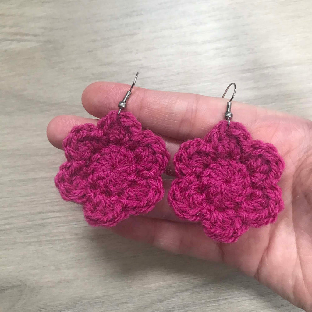 Fuchsia Crochet Flower Surgical Steel Hook Earrings