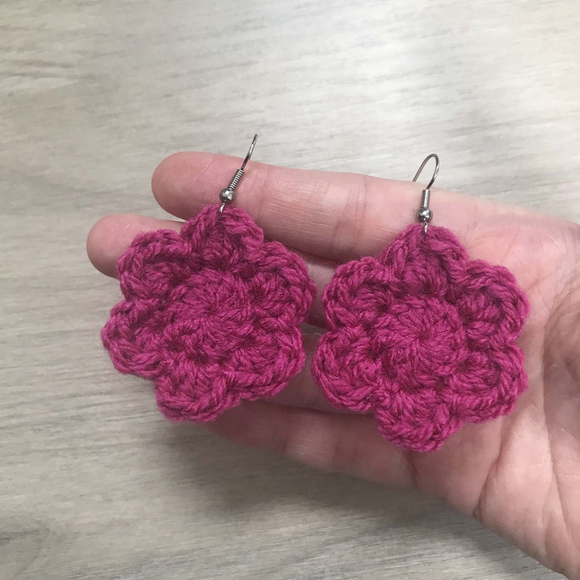 Fuchsia Crochet Flower Surgical Steel Hook Earrings