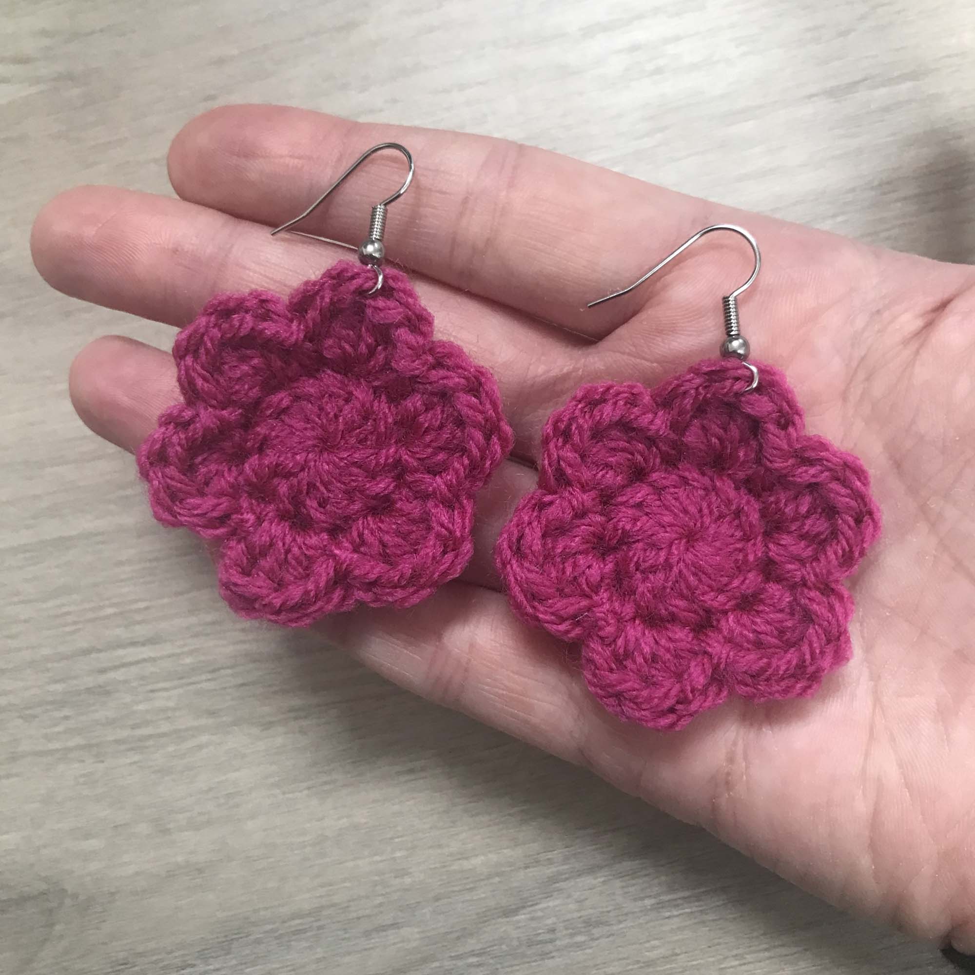 Fuchsia Crochet Flower Surgical Steel Hook Earrings