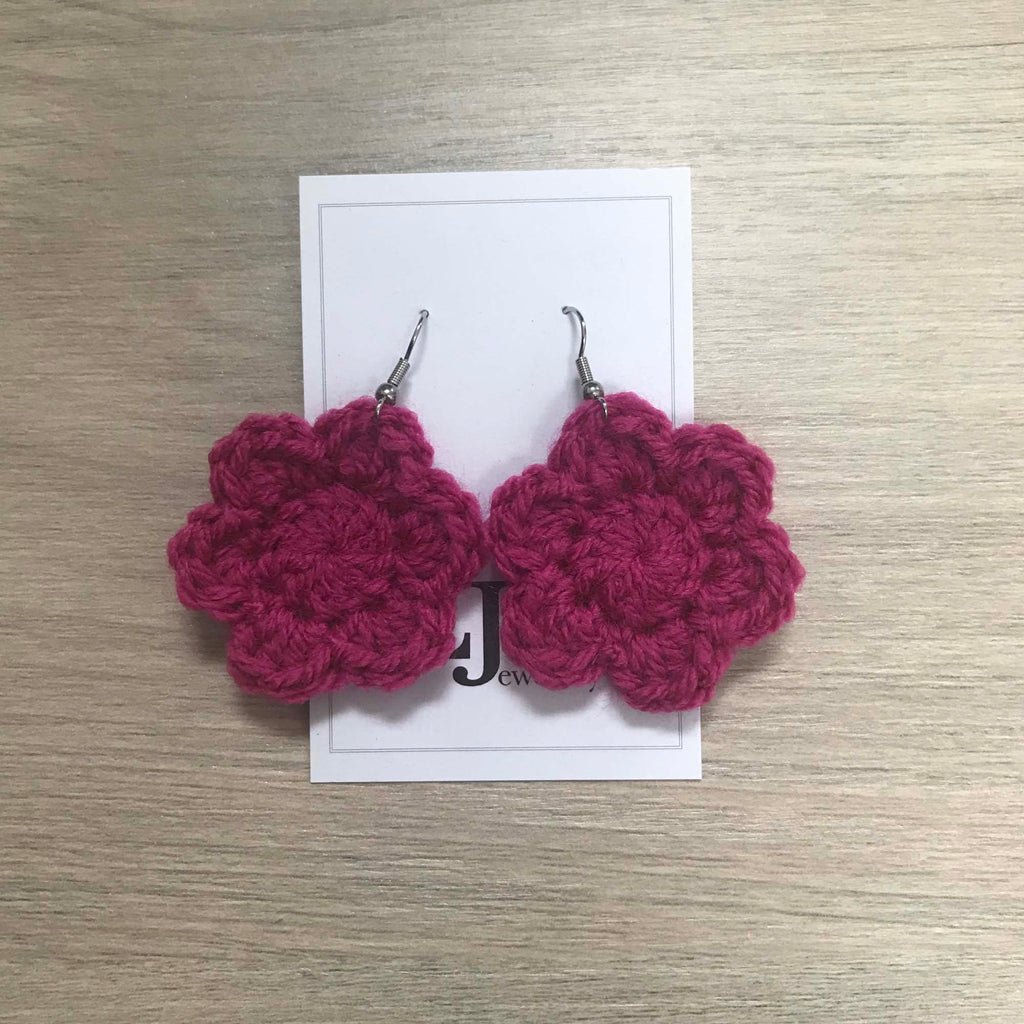 Fuchsia Crochet Flower Surgical Steel Hook Earrings