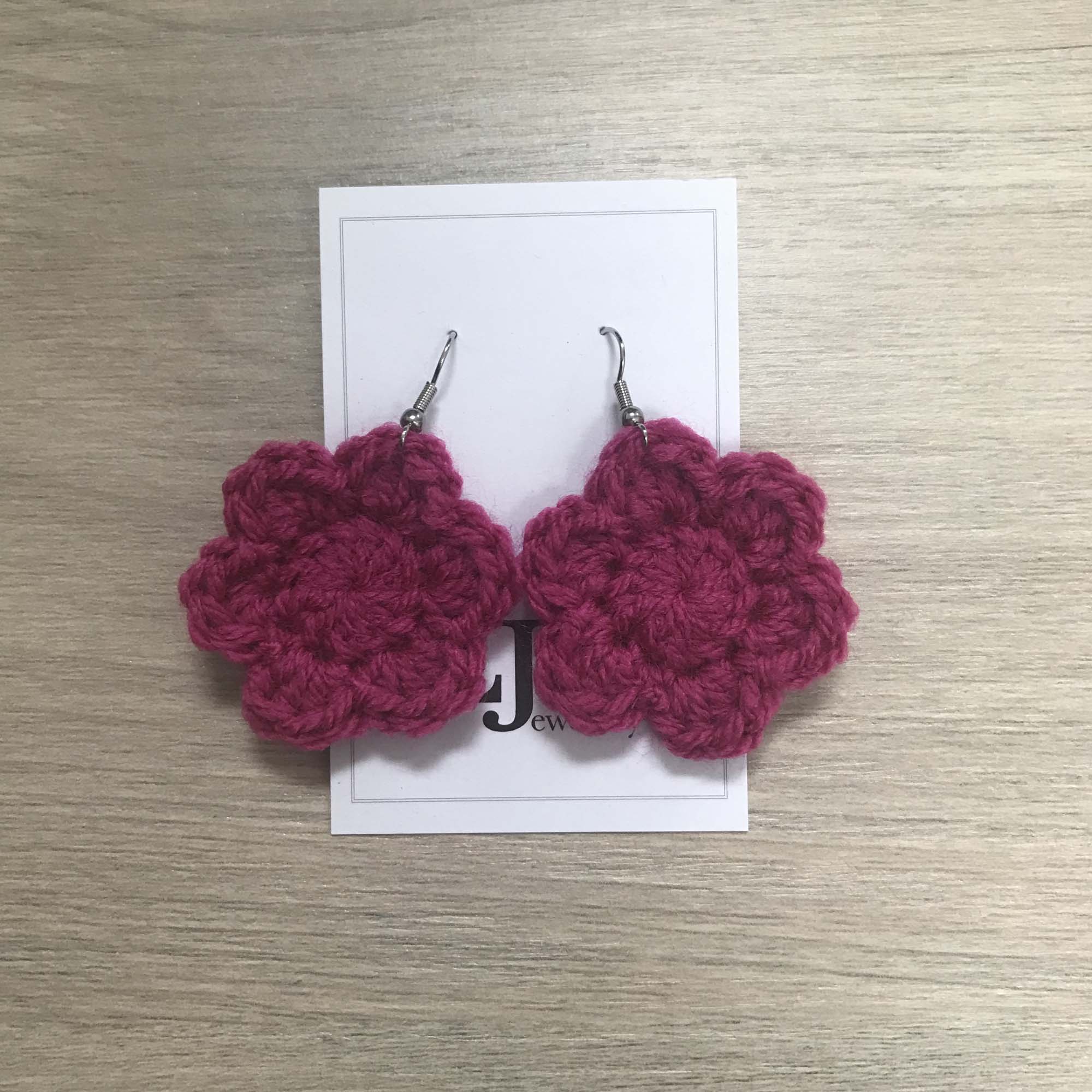 Fuchsia Crochet Flower Surgical Steel Hook Earrings