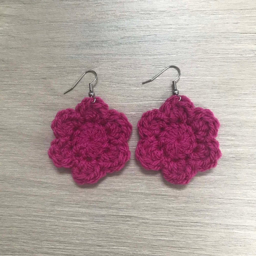 Fuchsia Crochet Flower Surgical Steel Hook Earrings