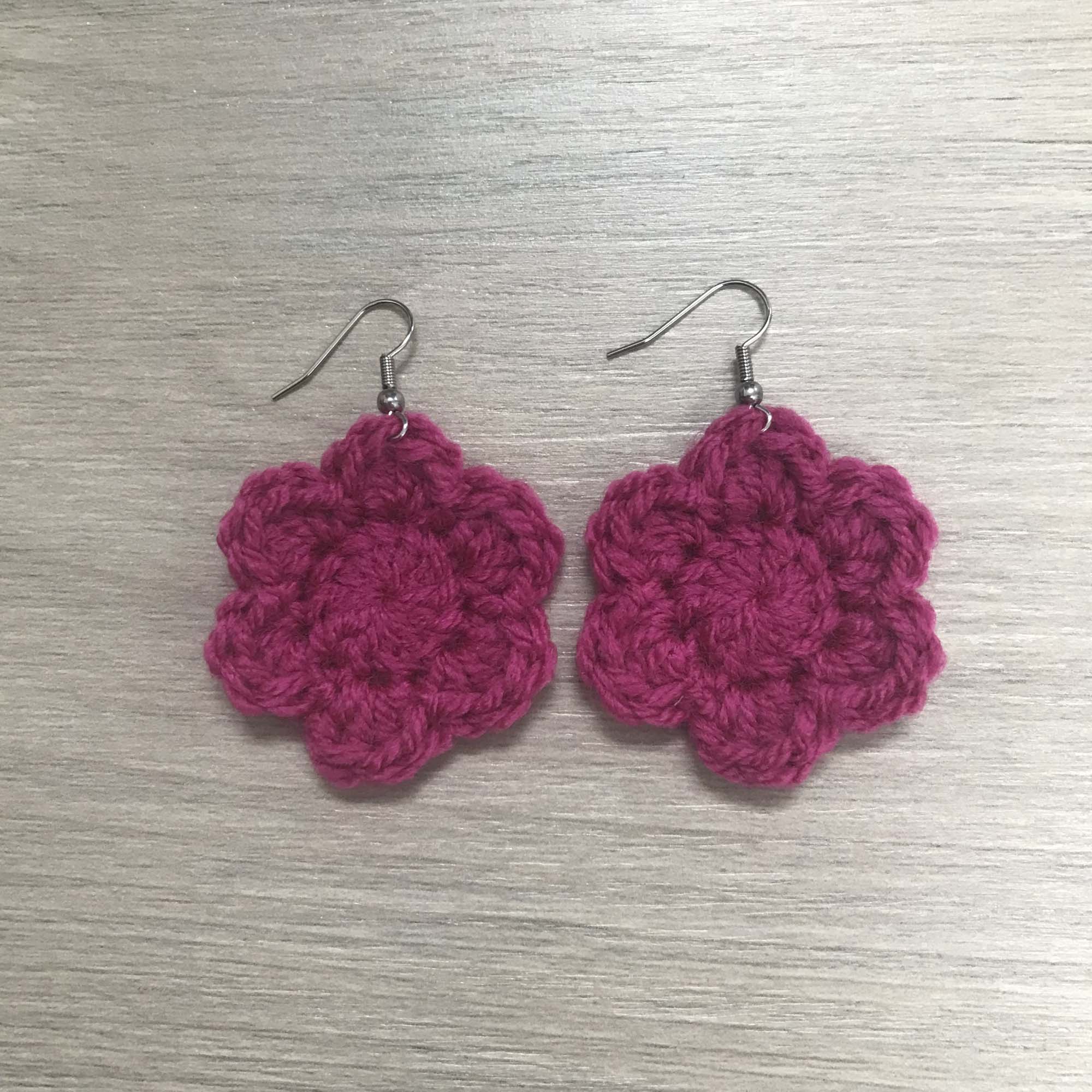Fuchsia Crochet Flower Surgical Steel Hook Earrings