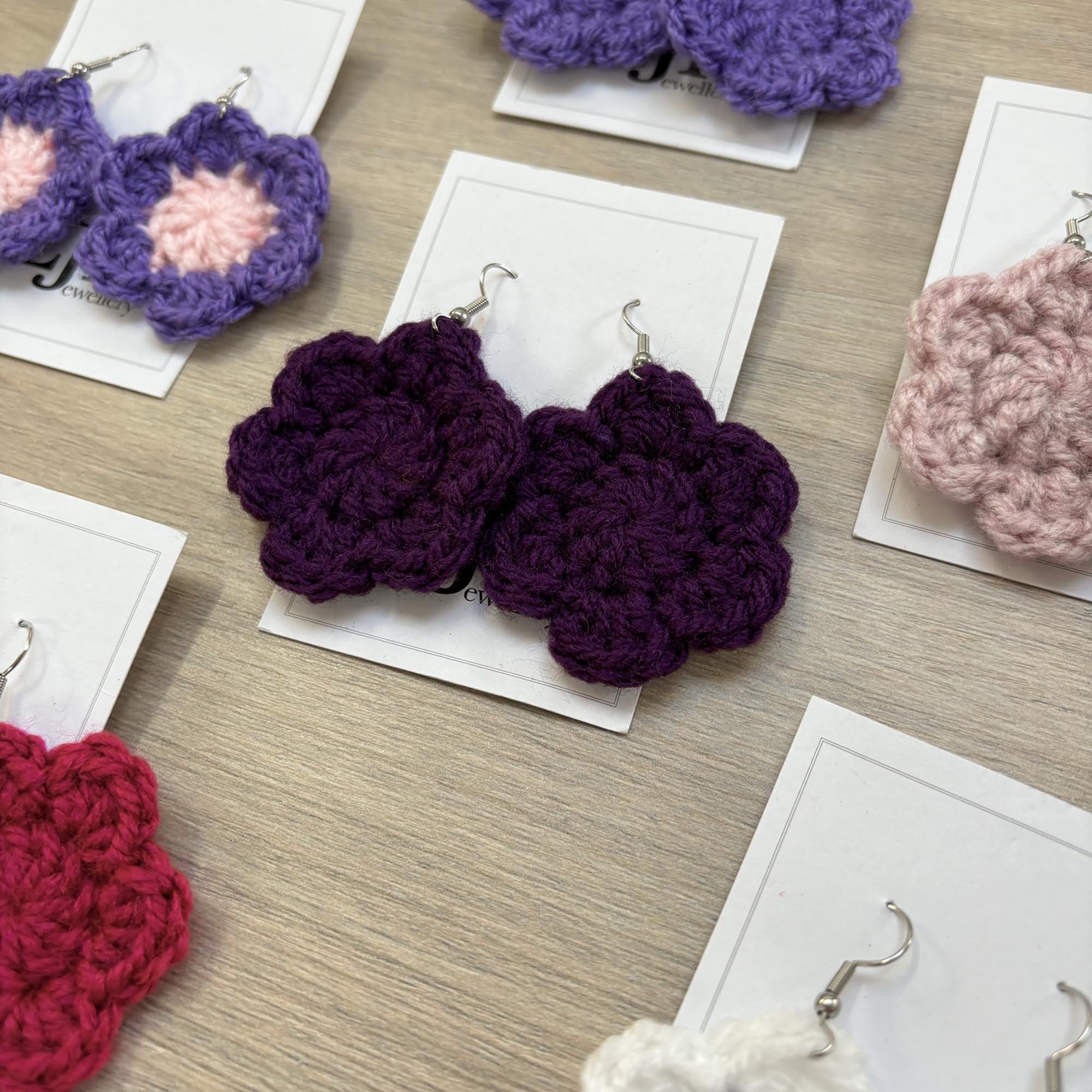Dark Purple Crochet Flower Surgical Steel Hook Earrings