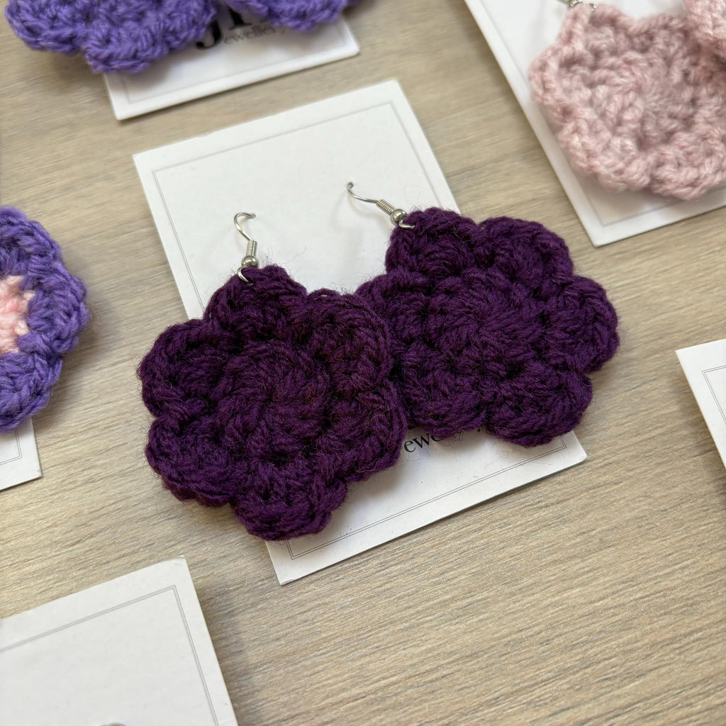 Dark Purple Crochet Flower Surgical Steel Hook Earrings