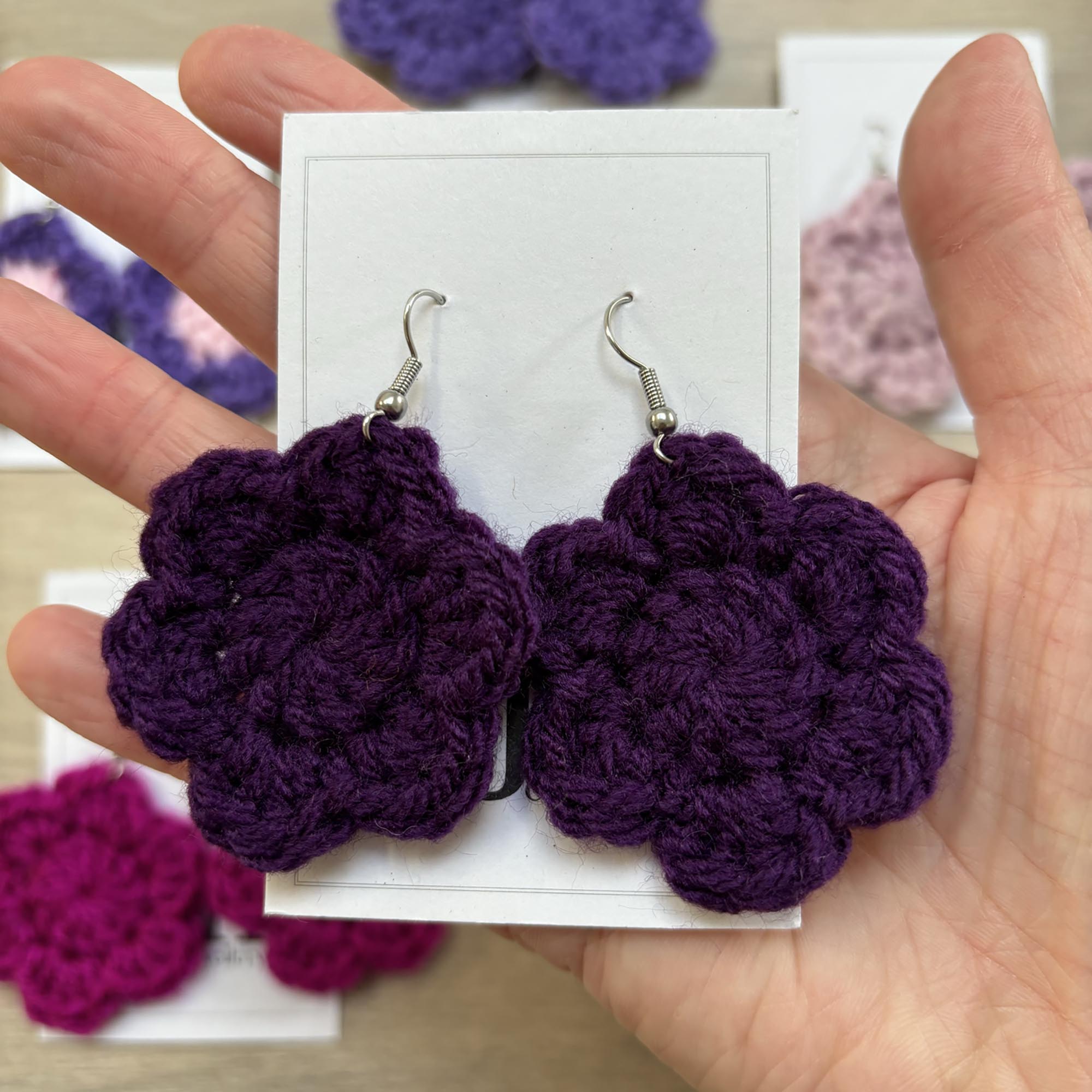 Dark Purple Crochet Flower Surgical Steel Hook Earrings