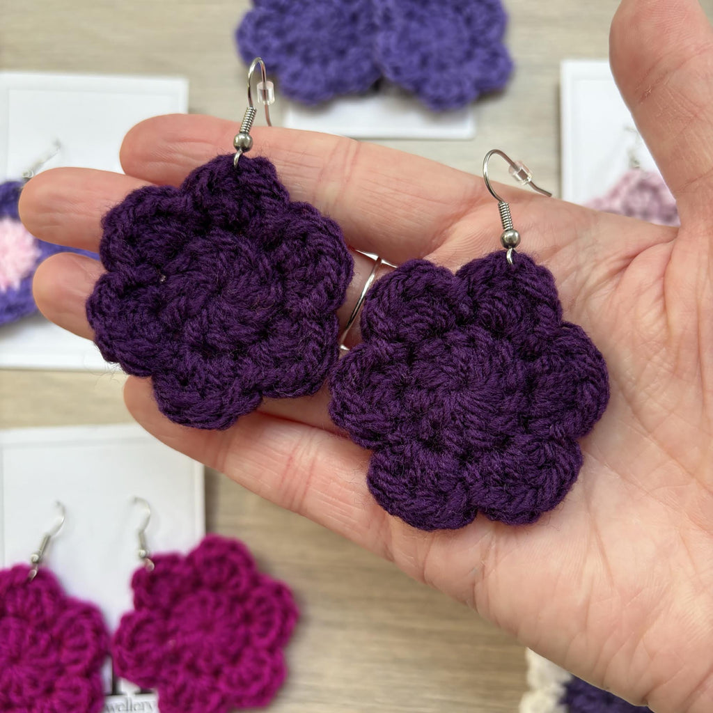 Dark Purple Crochet Flower Surgical Steel Hook Earrings