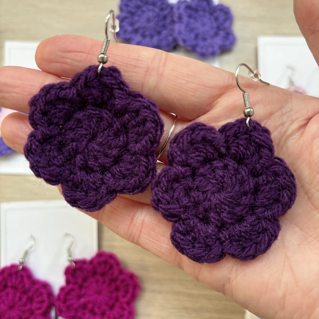 Dark Purple Crochet Flower Surgical Steel Hook Earrings
