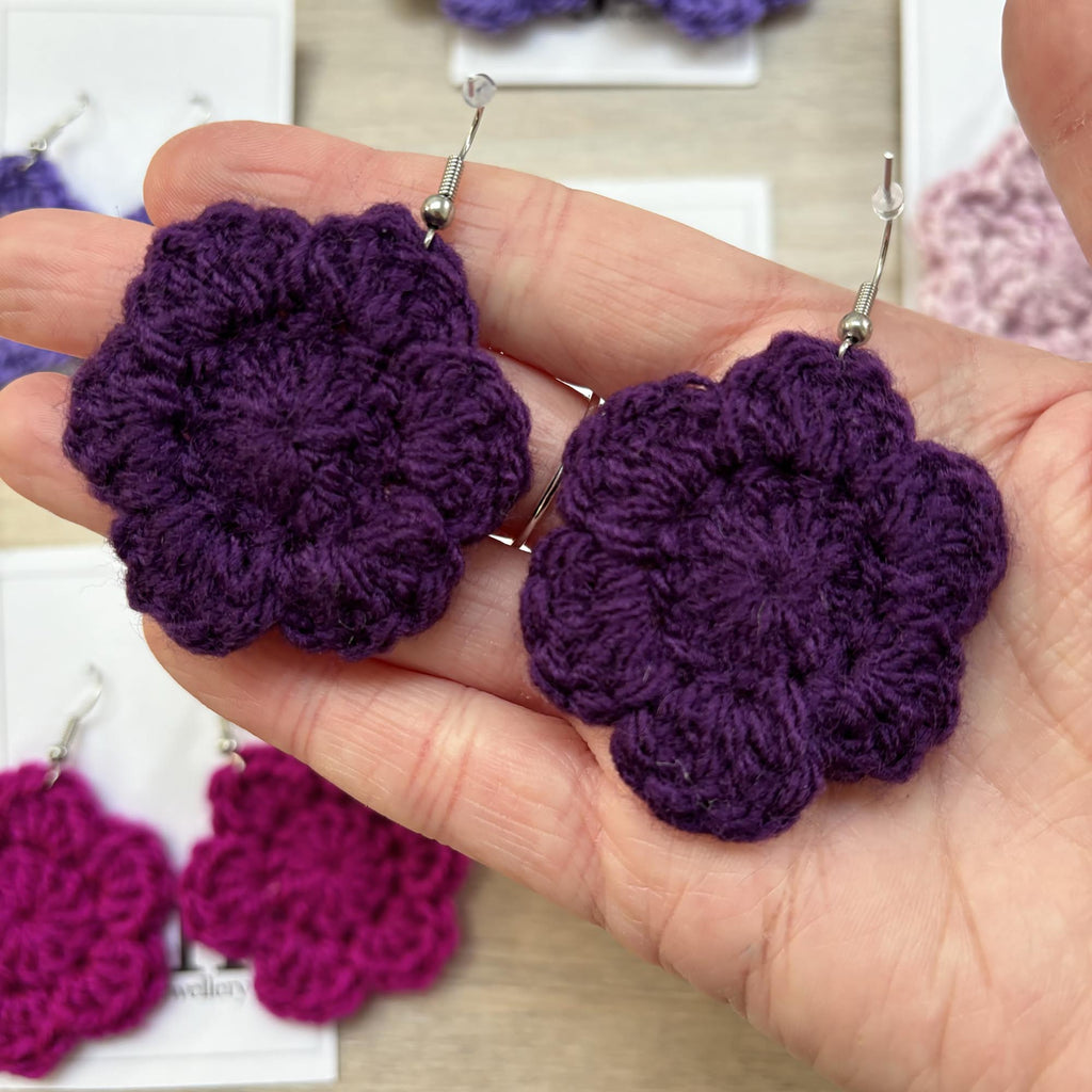 Dark Purple Crochet Flower Surgical Steel Hook Earrings