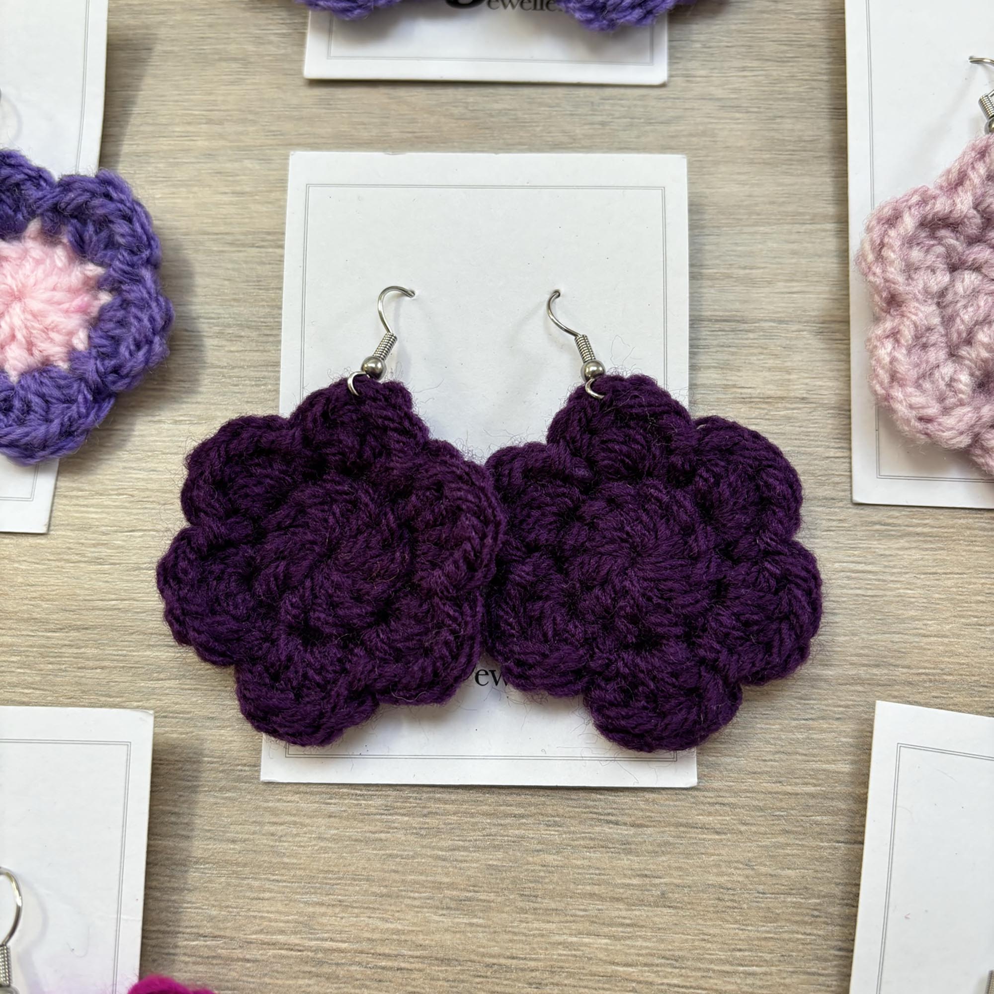 Dark Purple Crochet Flower Surgical Steel Hook Earrings