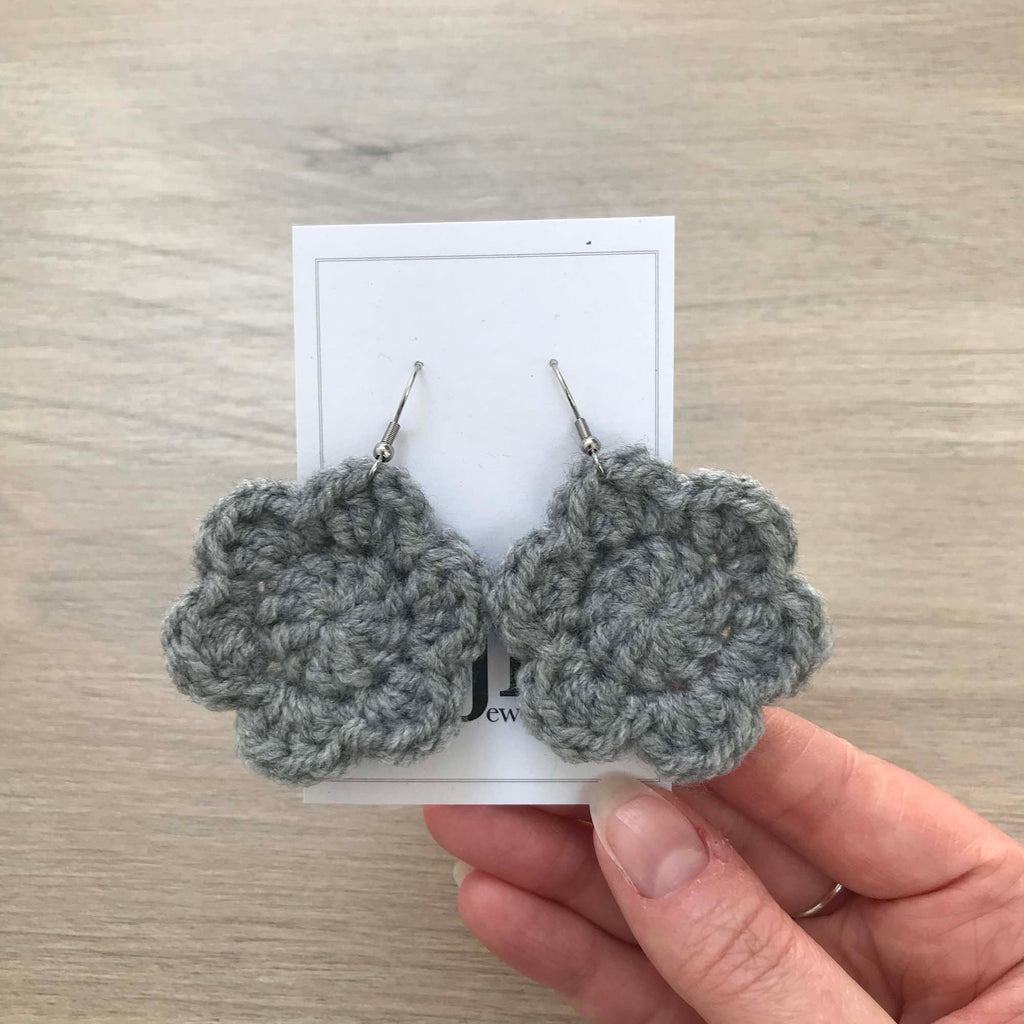 Grey Crochet Flower Surgical Steel Hook Earrings