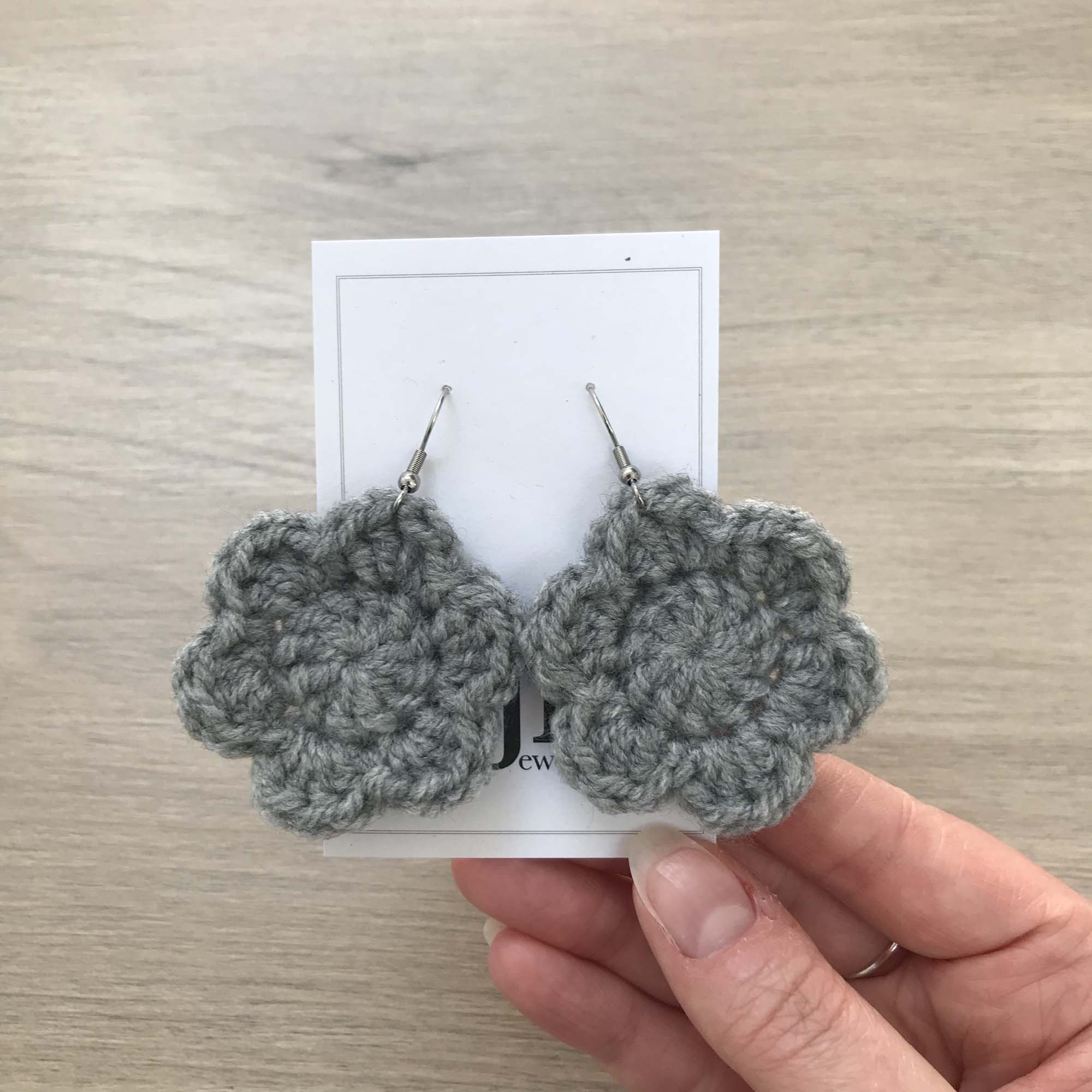 Grey Crochet Flower Surgical Steel Hook Earrings
