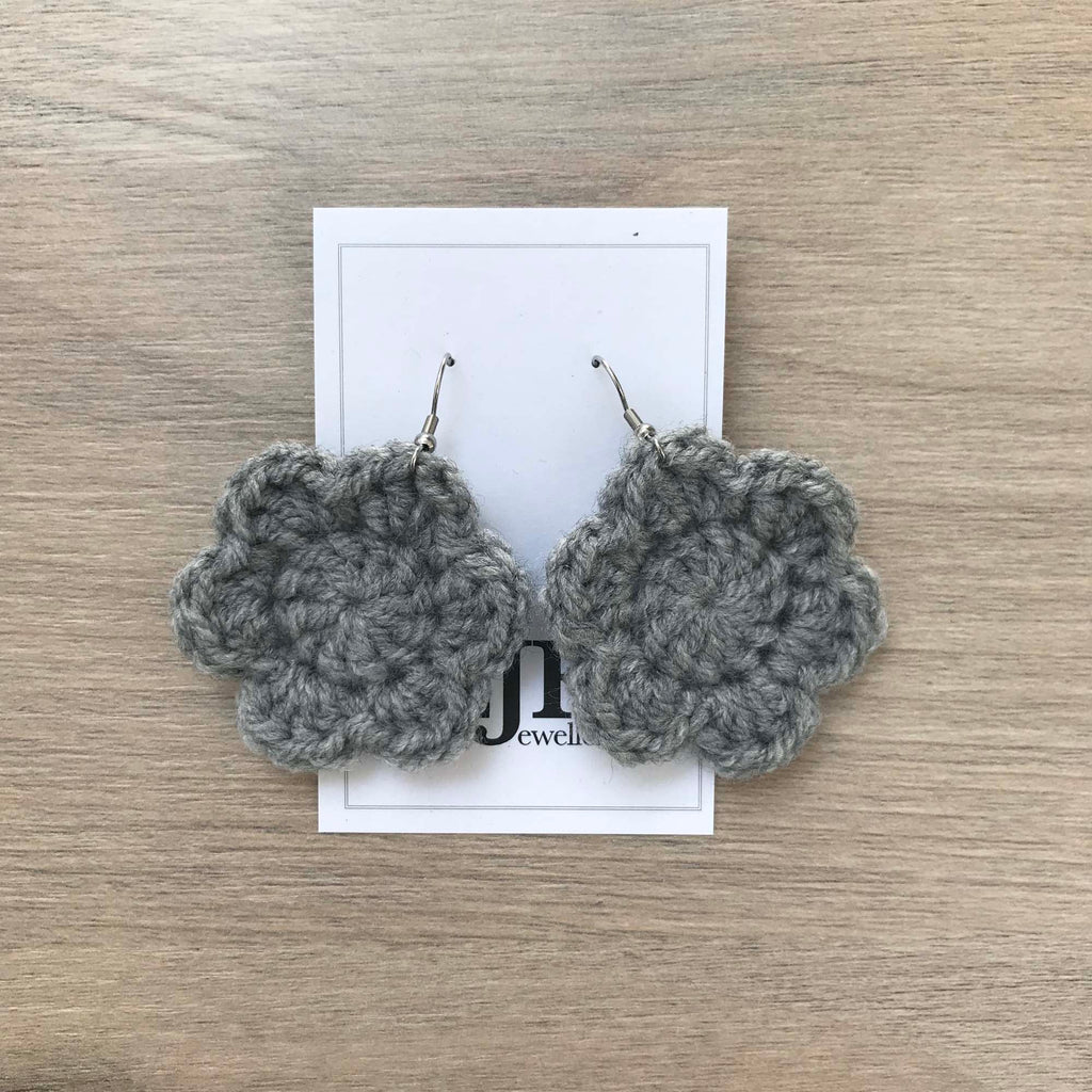 Grey Crochet Flower Surgical Steel Hook Earrings