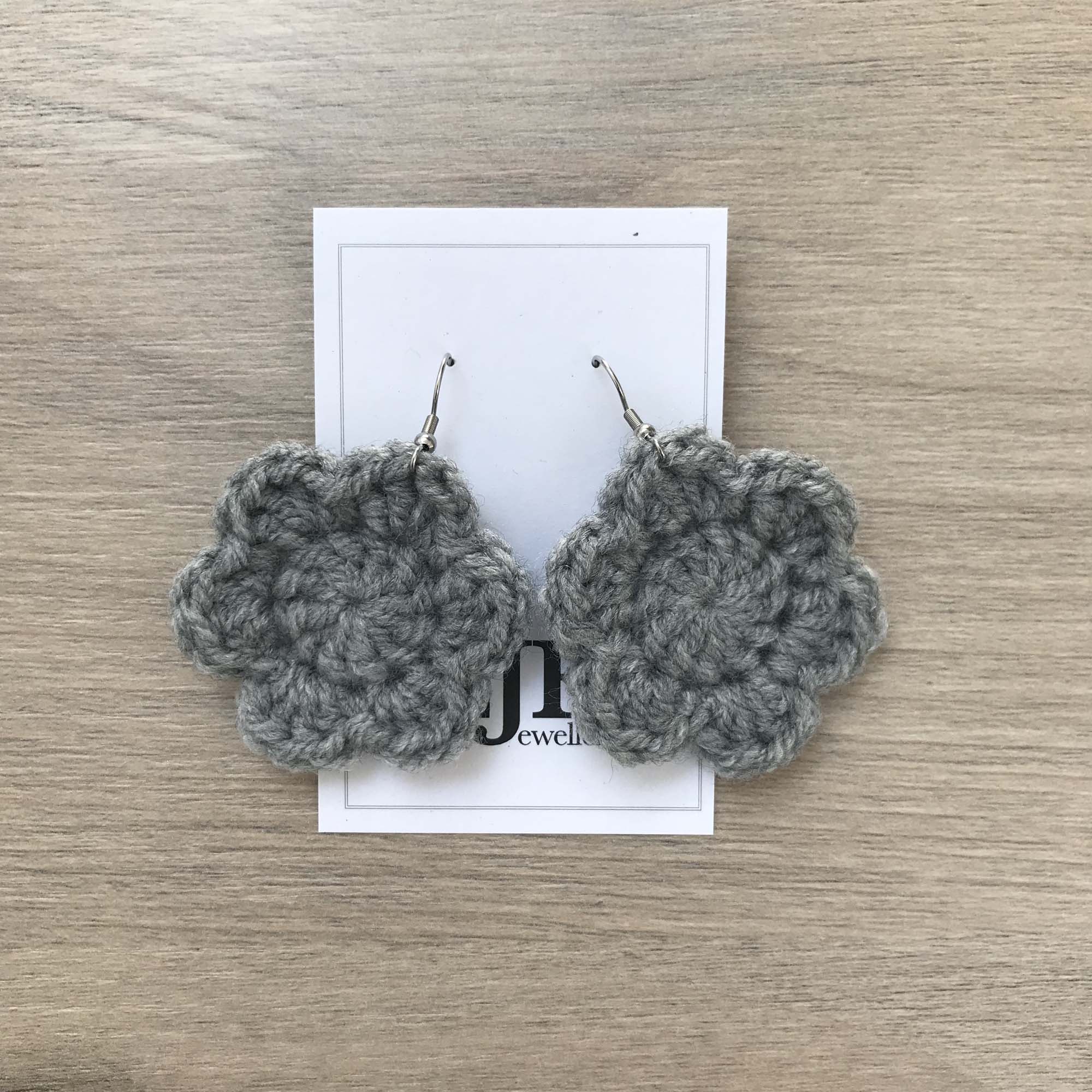 Grey Crochet Flower Surgical Steel Hook Earrings