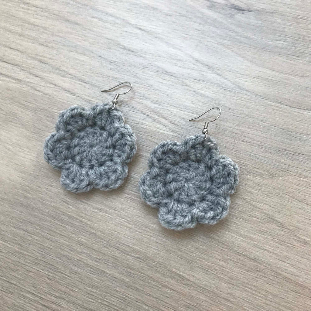 Grey Crochet Flower Surgical Steel Hook Earrings