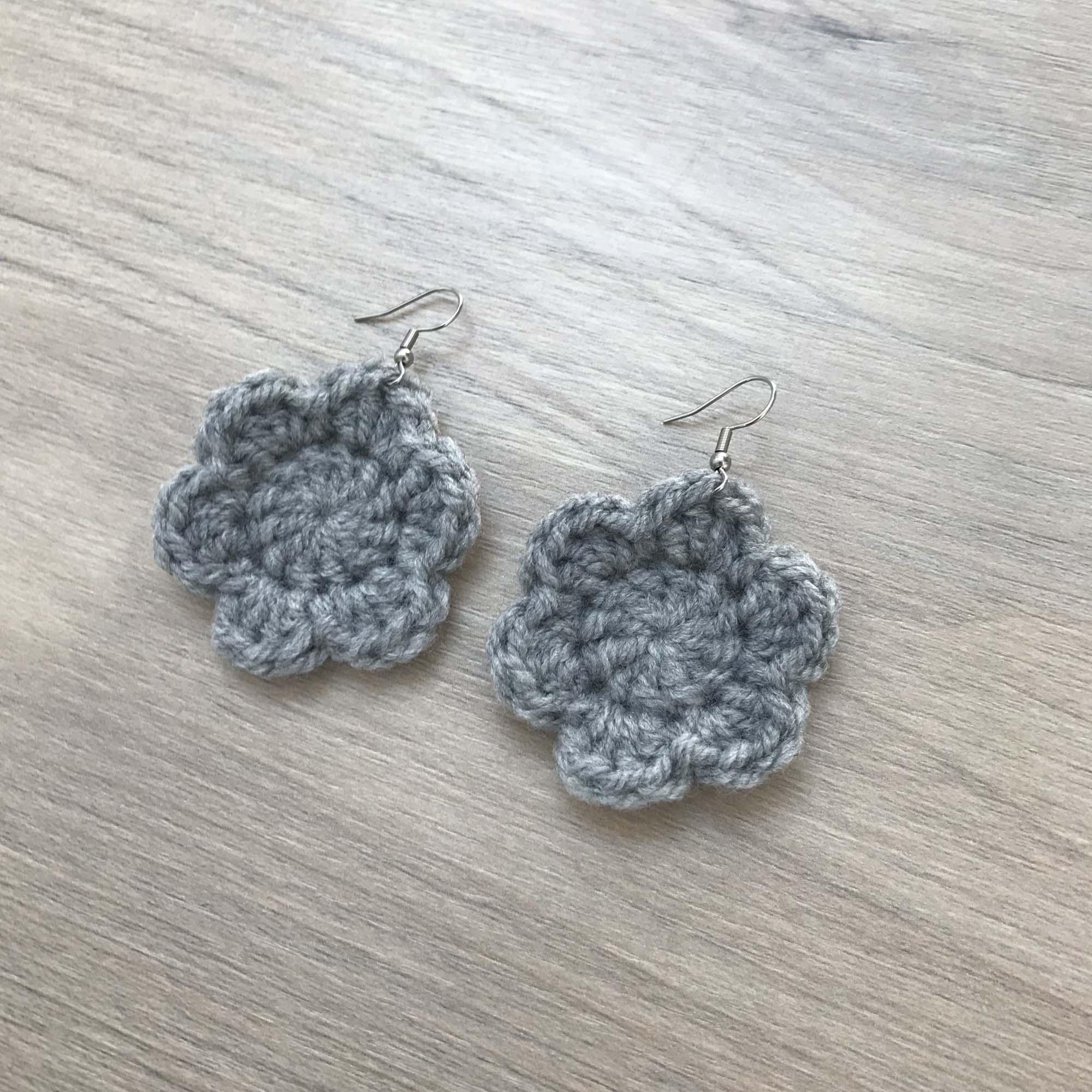 Grey Crochet Flower Surgical Steel Hook Earrings