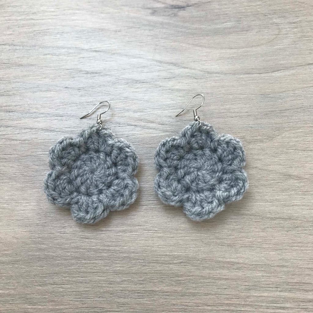 Grey Crochet Flower Surgical Steel Hook Earrings