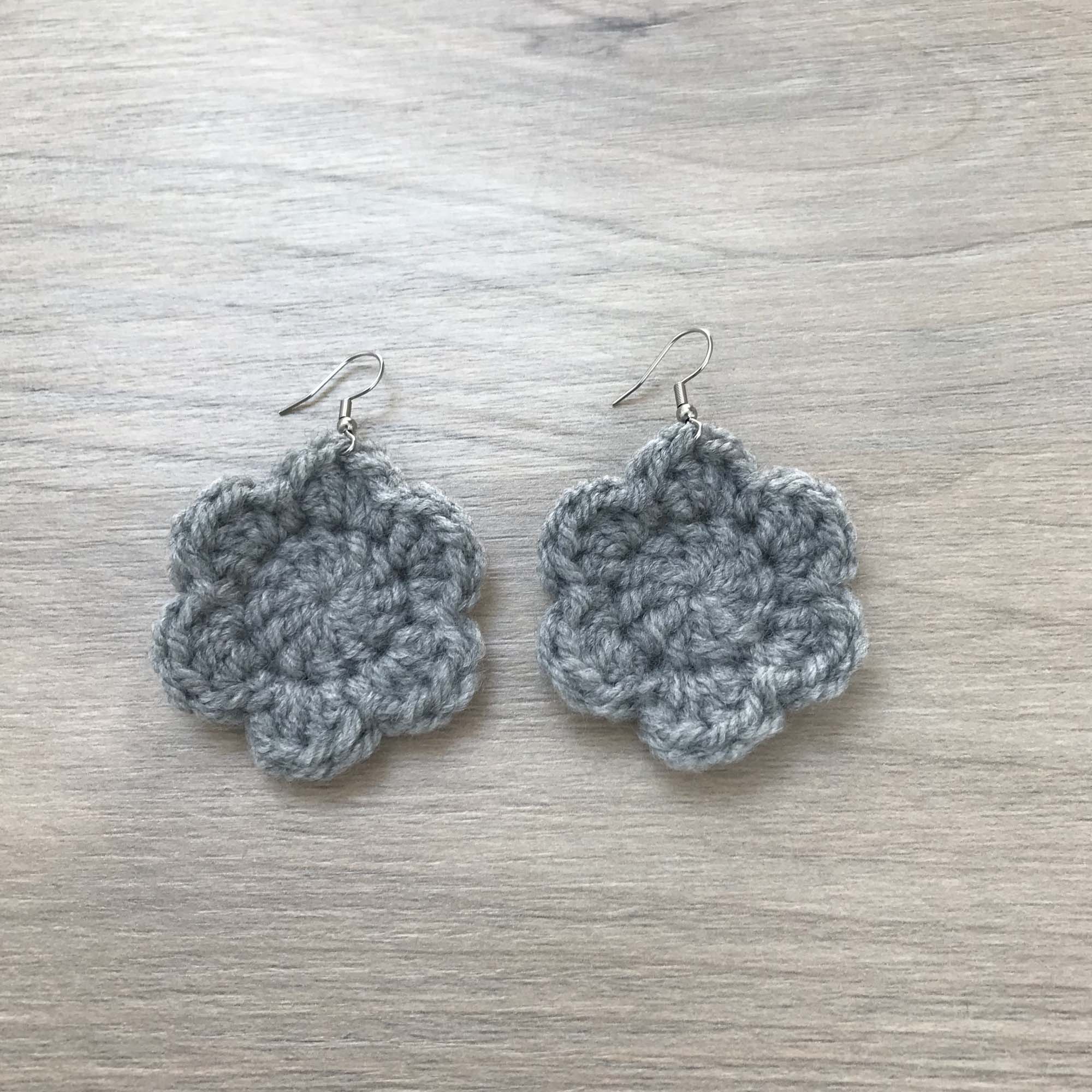 Grey Crochet Flower Surgical Steel Hook Earrings