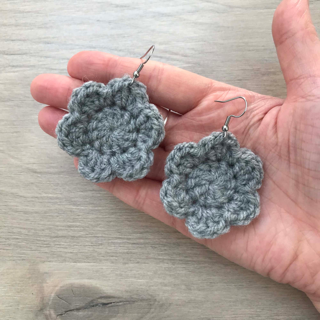 Grey Crochet Flower Surgical Steel Hook Earrings