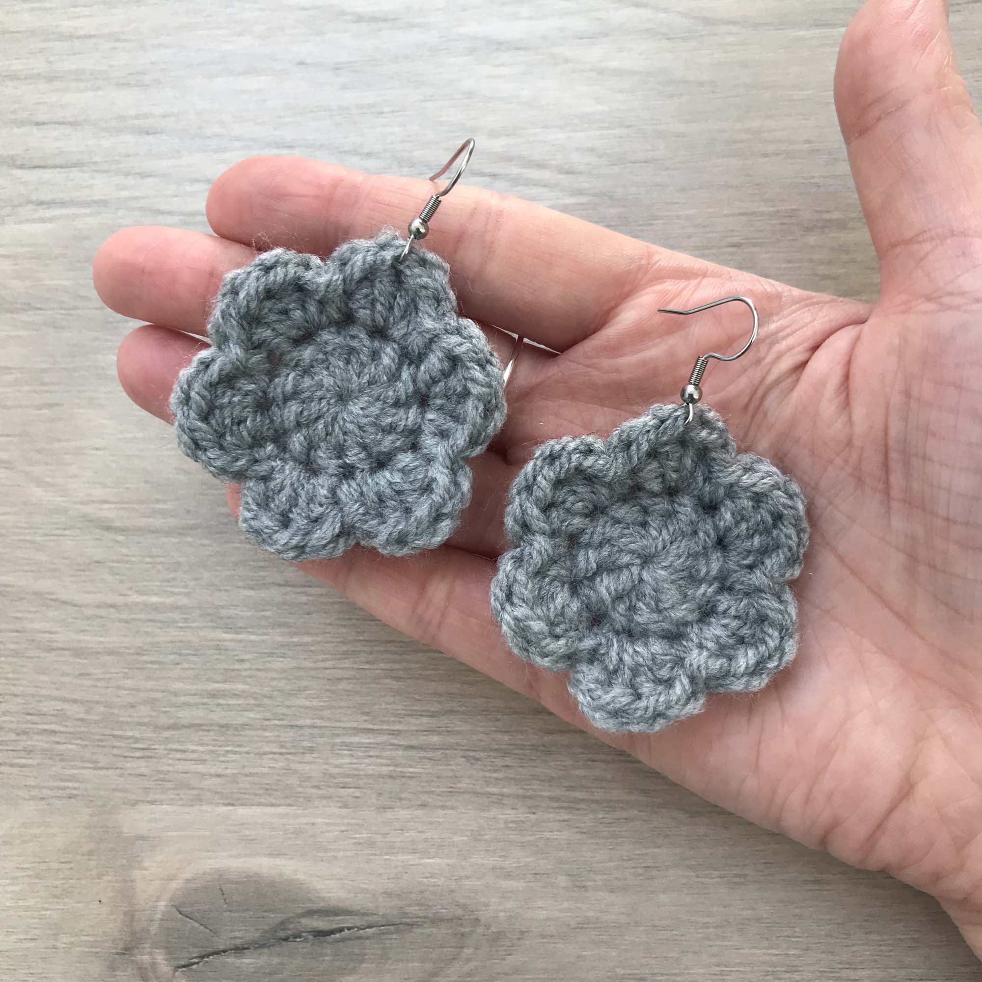 Grey Crochet Flower Surgical Steel Hook Earrings