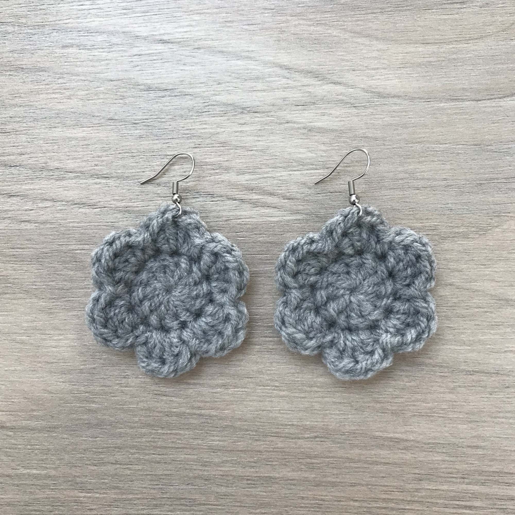 Grey Crochet Flower Surgical Steel Hook Earrings