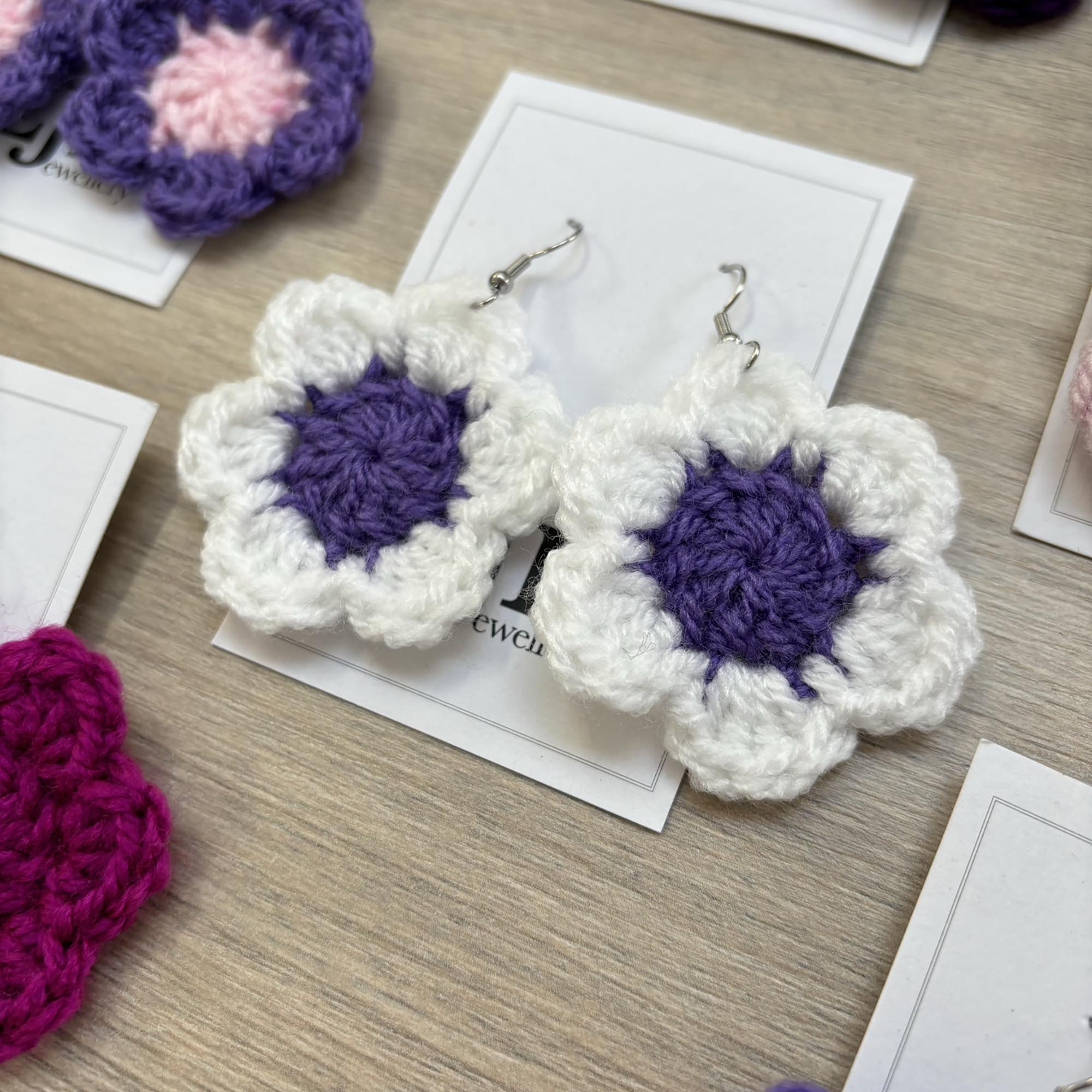 Purple and White Crochet Flower Surgical Steel Hook Earrings