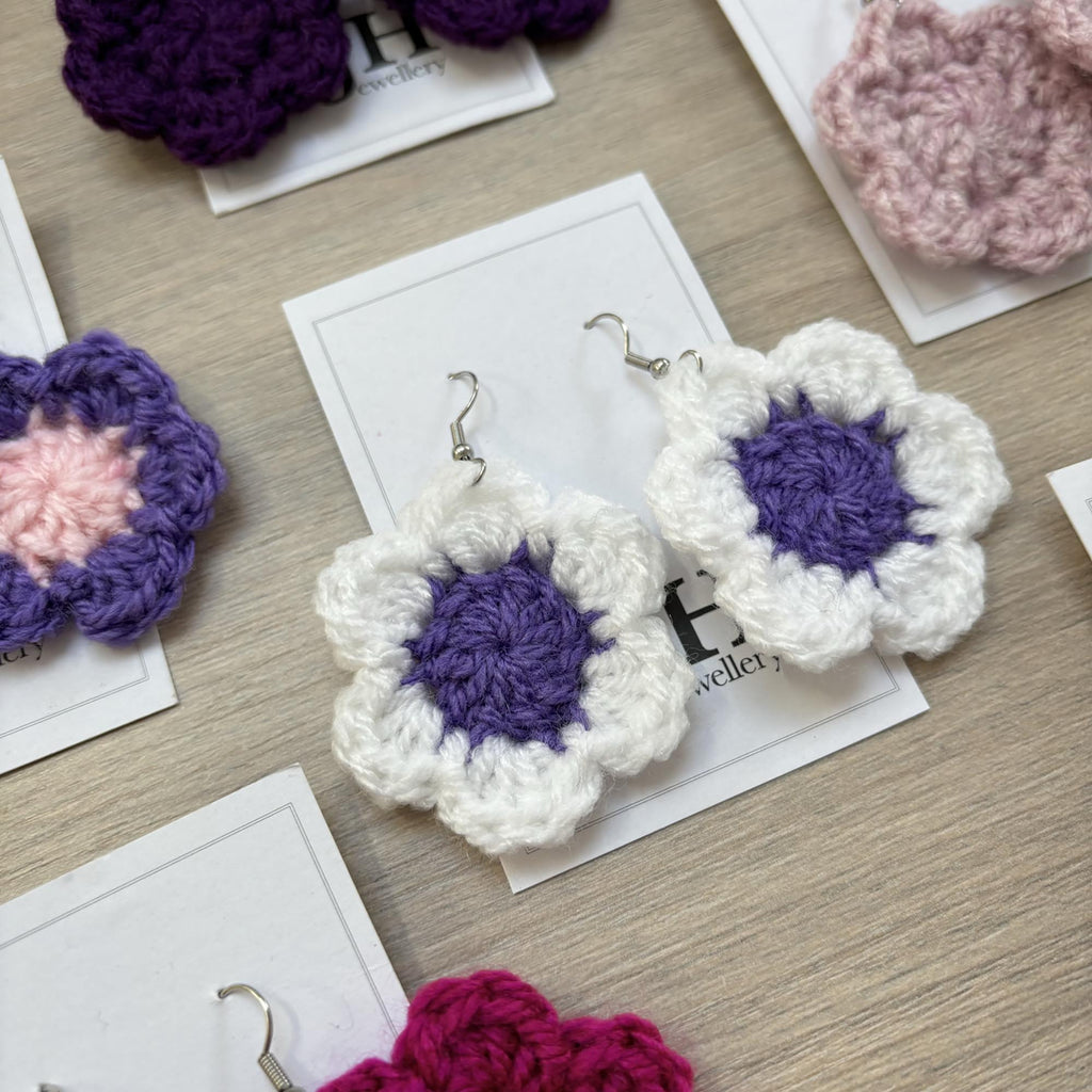 Purple and White Crochet Flower Surgical Steel Hook Earrings