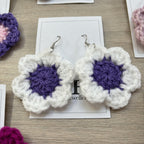 Purple and White Crochet Flower Surgical Steel Hook Earrings