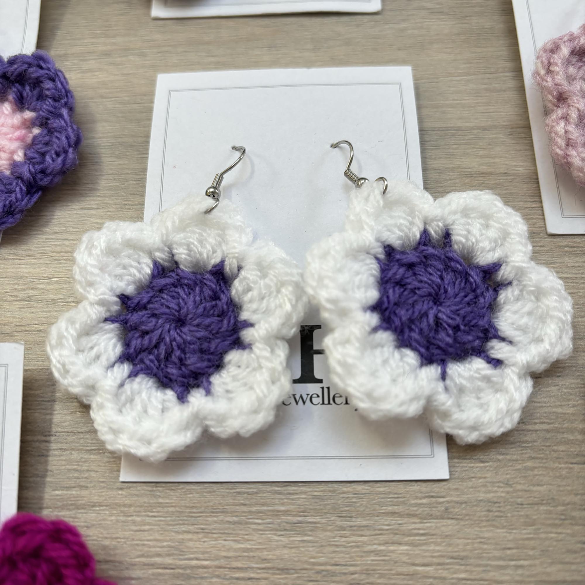 Purple and White Crochet Flower Surgical Steel Hook Earrings