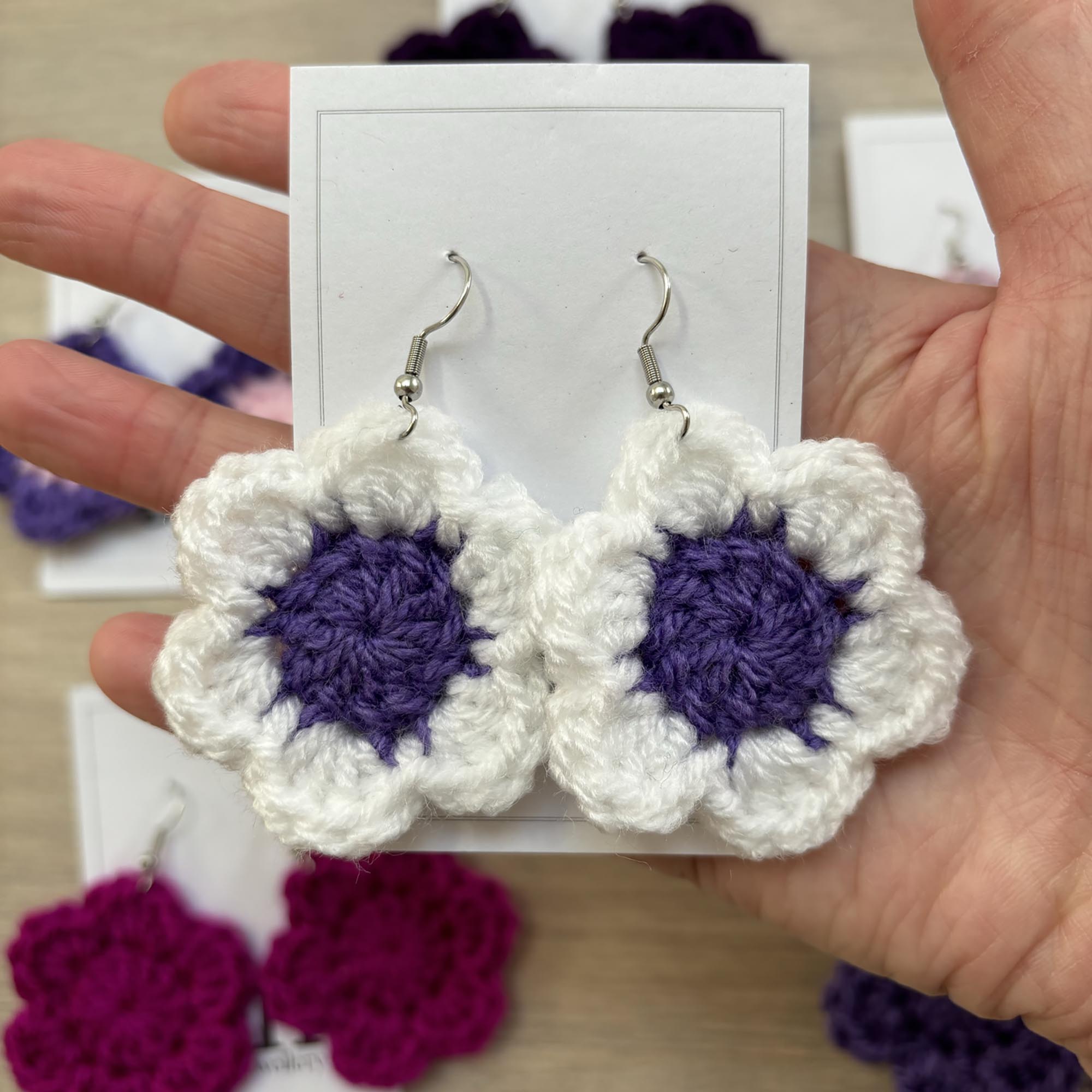 Purple and White Crochet Flower Surgical Steel Hook Earrings