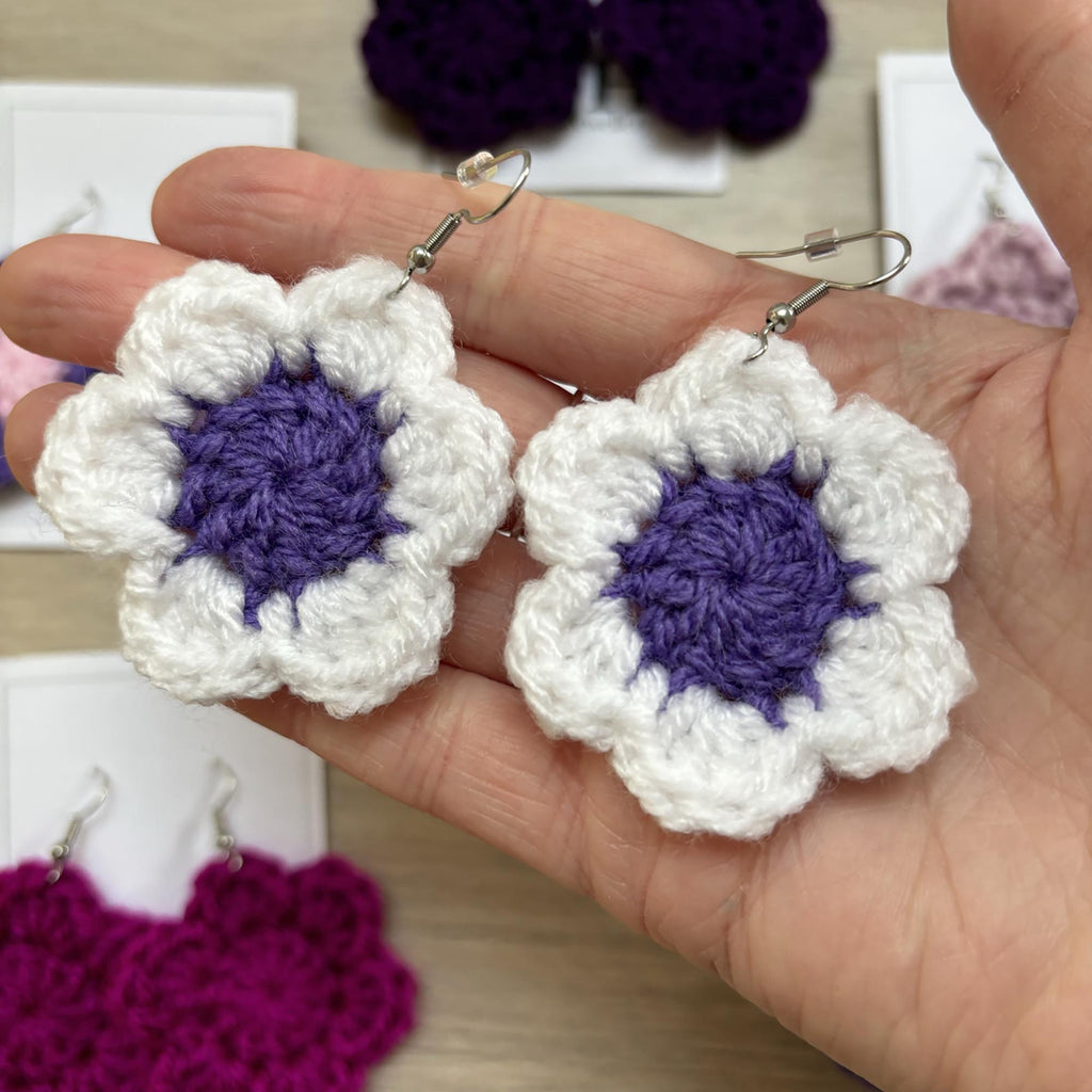 Purple and White Crochet Flower Surgical Steel Hook Earrings