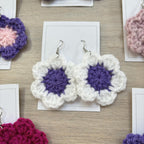 Purple and White Crochet Flower Surgical Steel Hook Earrings