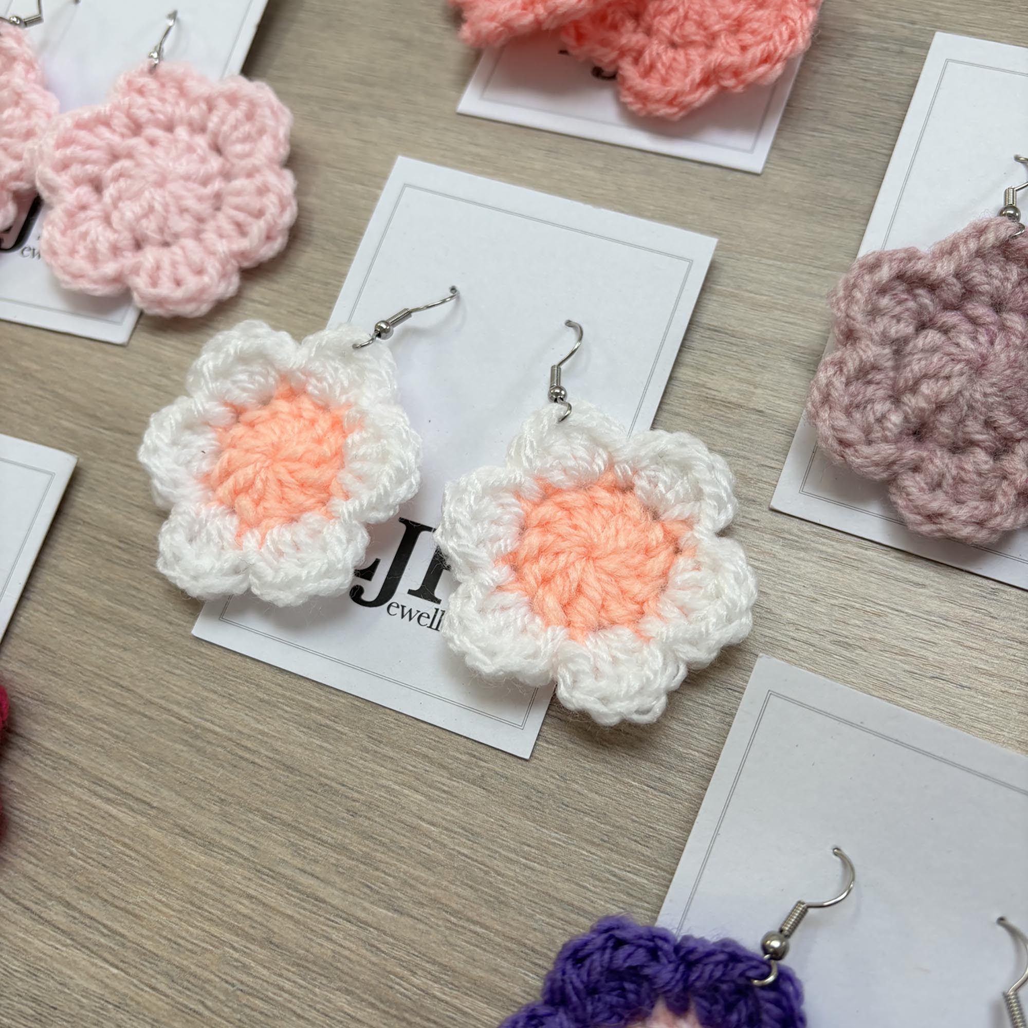 Peach and White Crochet Flower Surgical Steel Hook Earrings