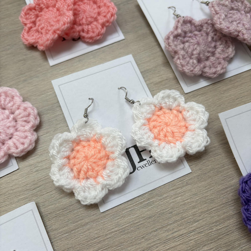 Peach and White Crochet Flower Surgical Steel Hook Earrings