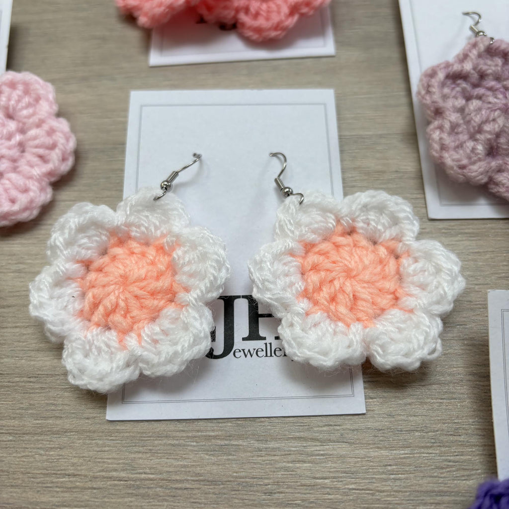 Peach and White Crochet Flower Surgical Steel Hook Earrings