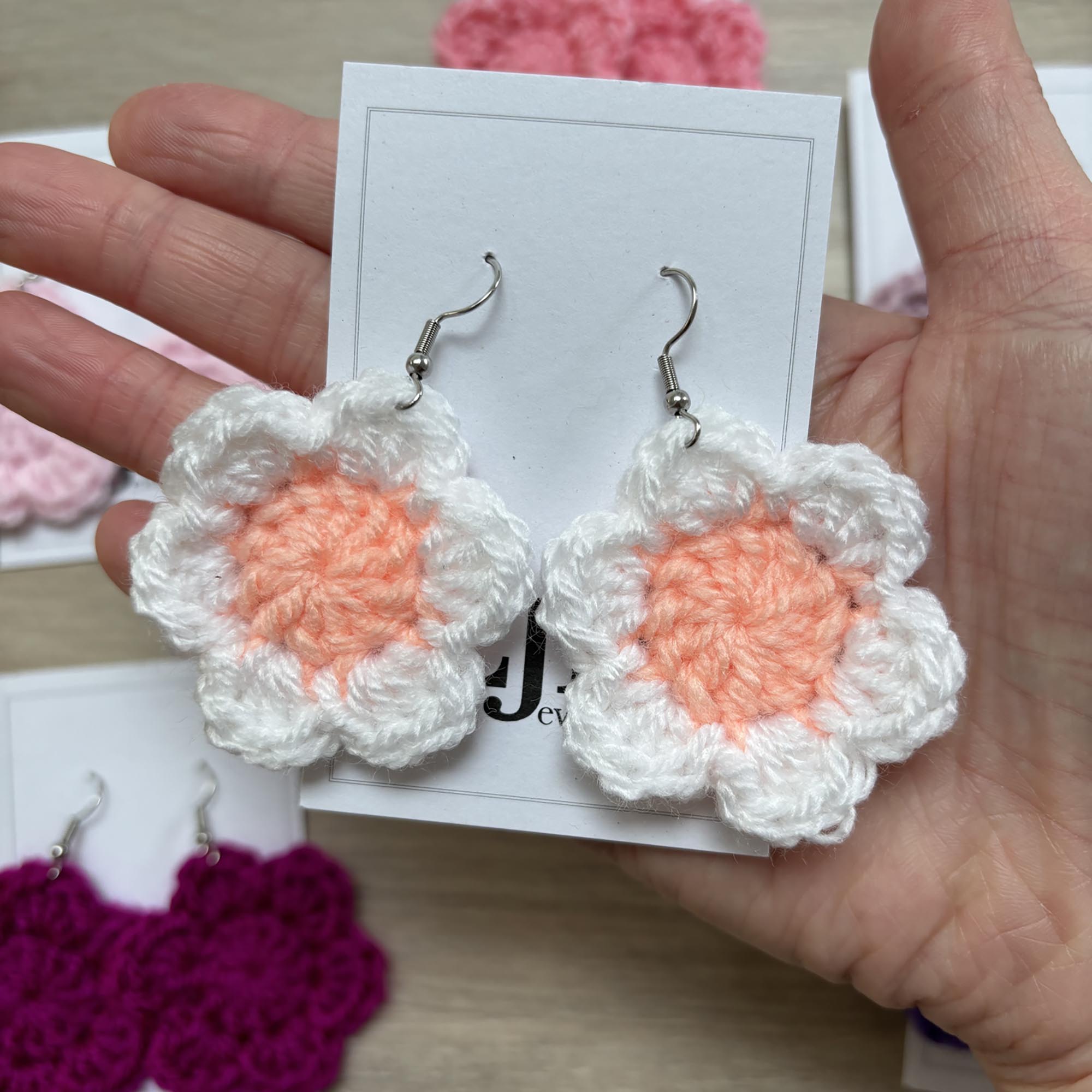 Peach and White Crochet Flower Surgical Steel Hook Earrings