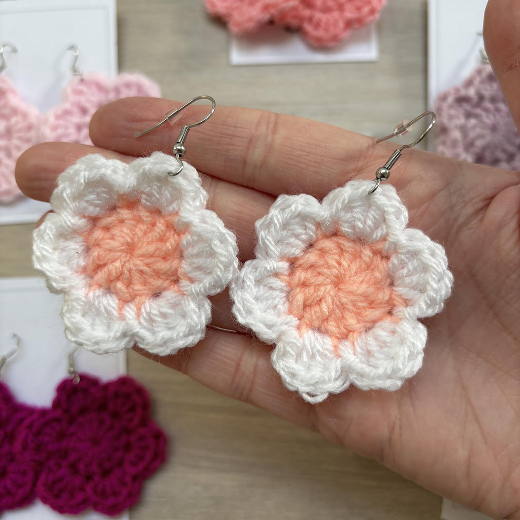 Peach and White Crochet Flower Surgical Steel Hook Earrings