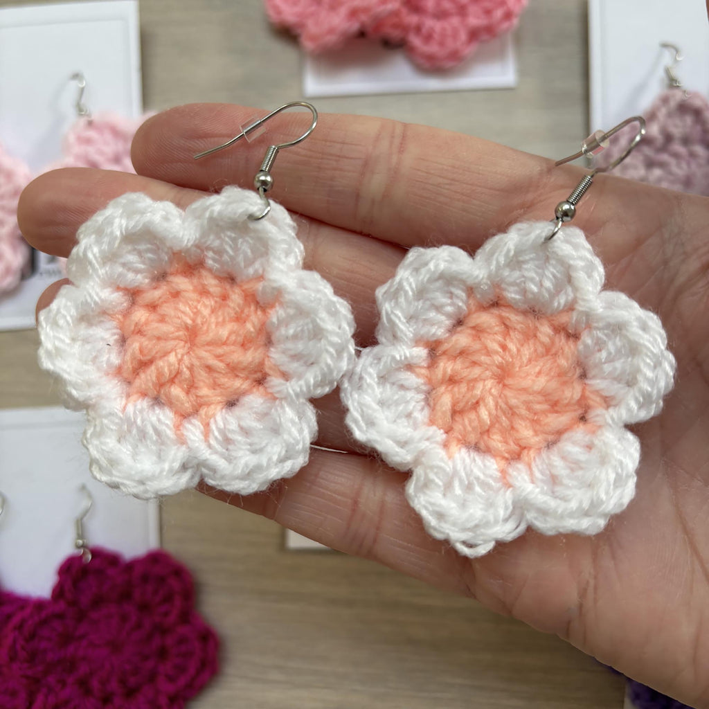 Peach and White Crochet Flower Surgical Steel Hook Earrings