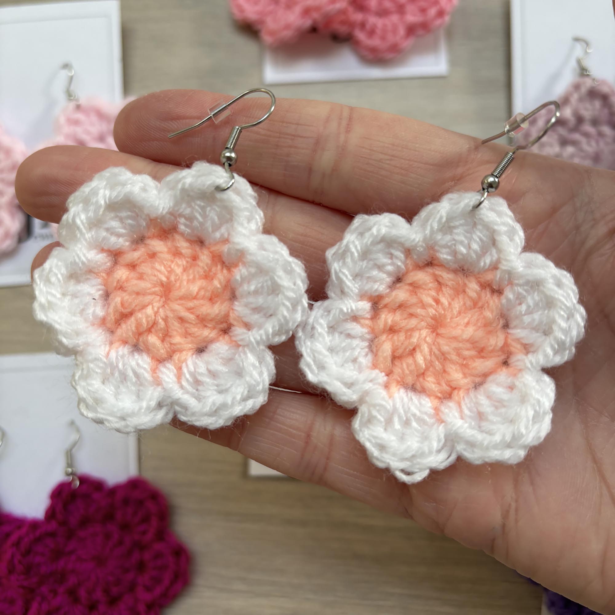 Peach and White Crochet Flower Surgical Steel Hook Earrings