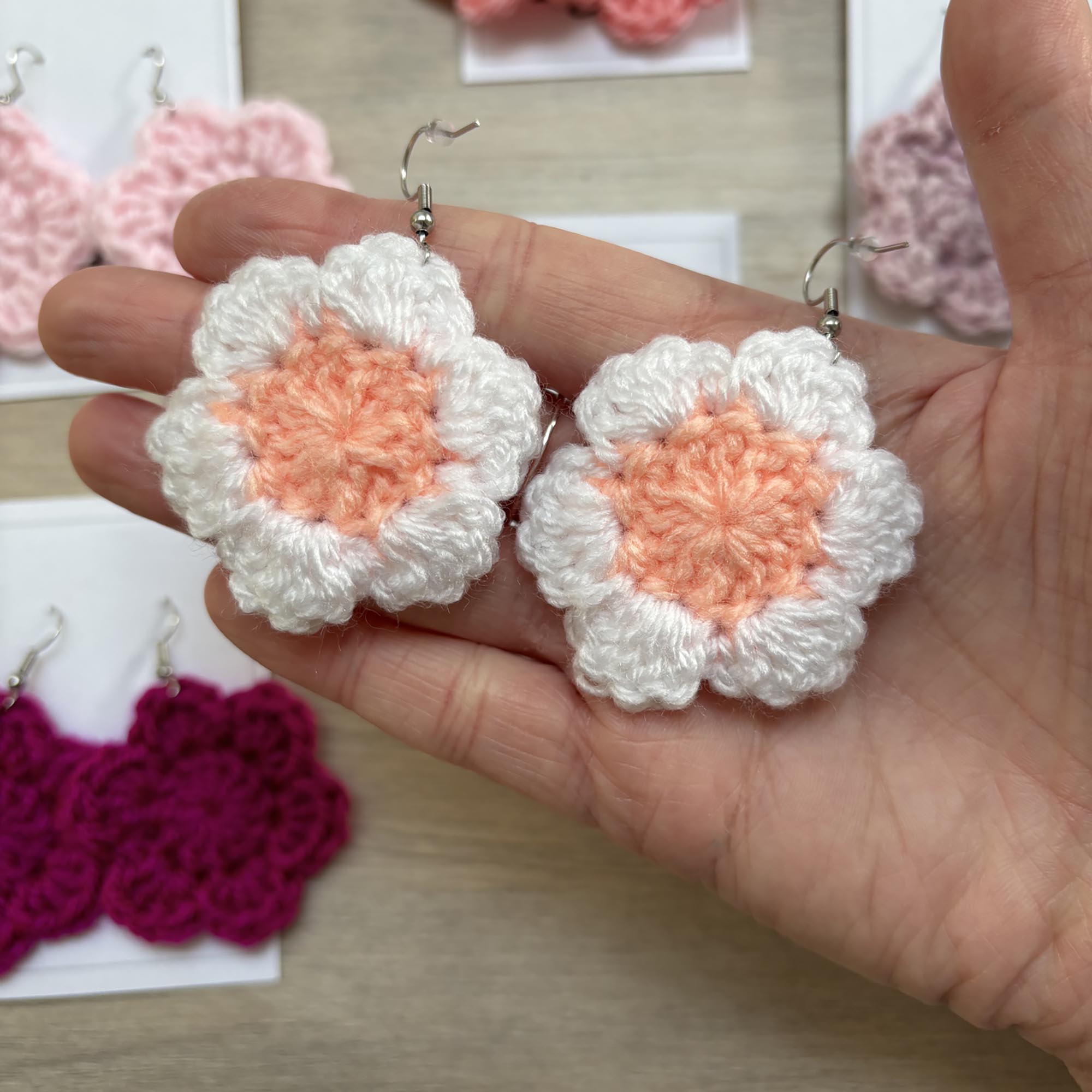 Peach and White Crochet Flower Surgical Steel Hook Earrings
