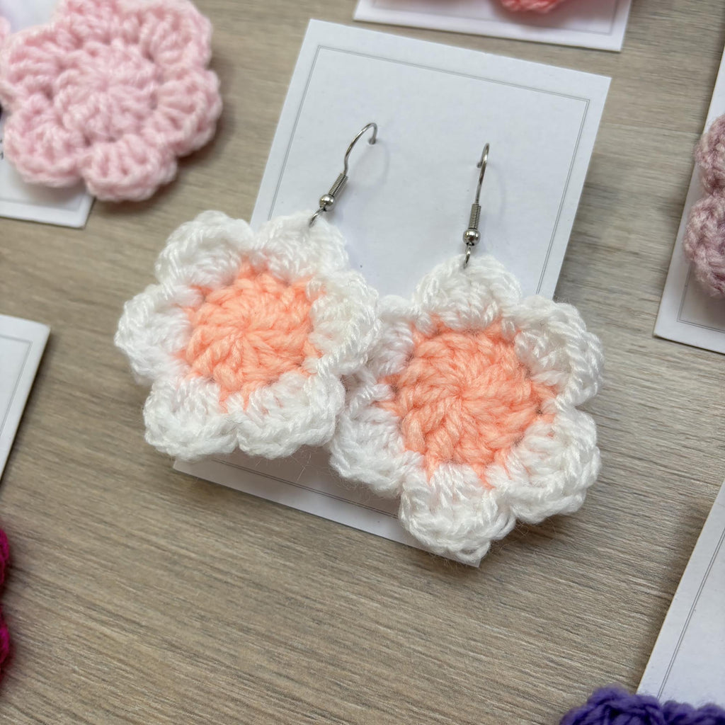 Peach and White Crochet Flower Surgical Steel Hook Earrings